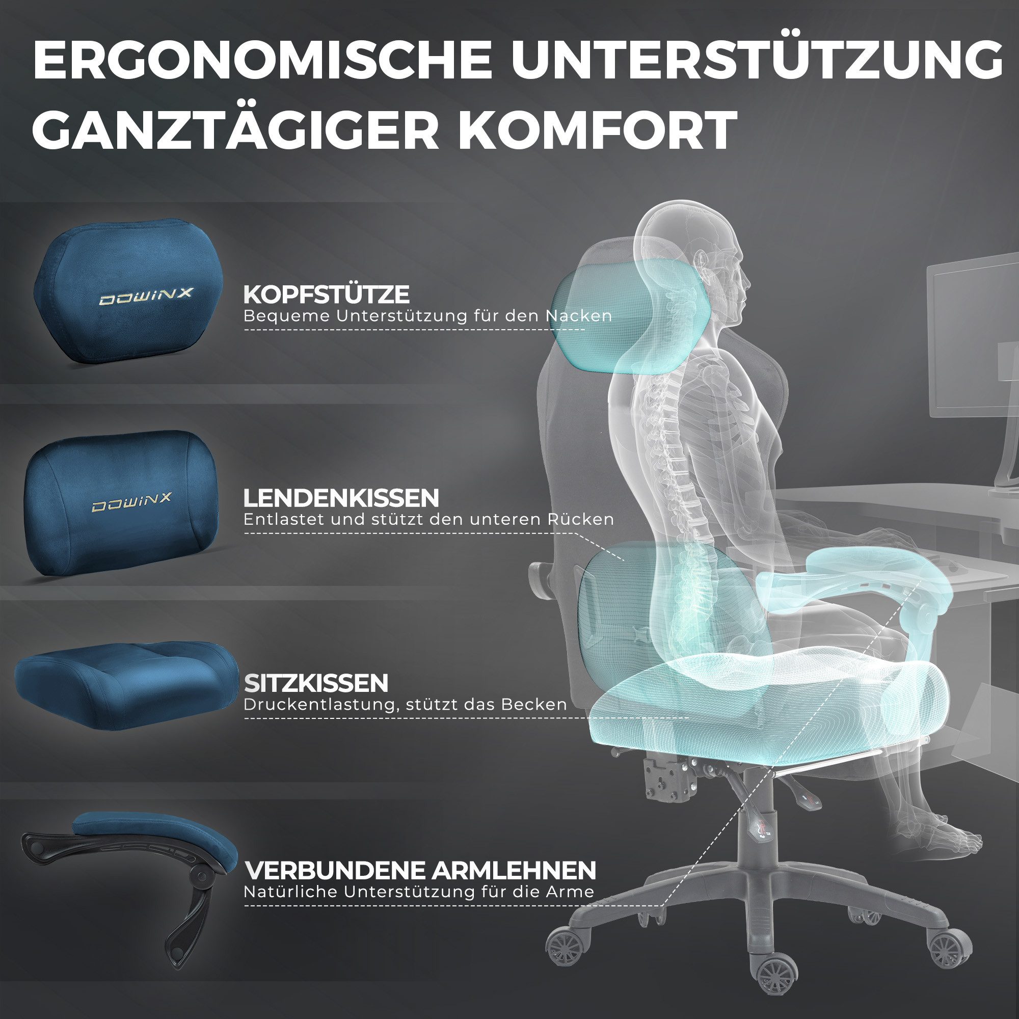 Dowinx Gaming-Stuhl Atmungsaktiver und Ergonomischer Bürostuhl aus Mikrofaser-Velours (Packung), Weiches Sitzgefühl, Verstellbarer Schreibtischstuhl mit Fußstüt – Bild 2 von 5
