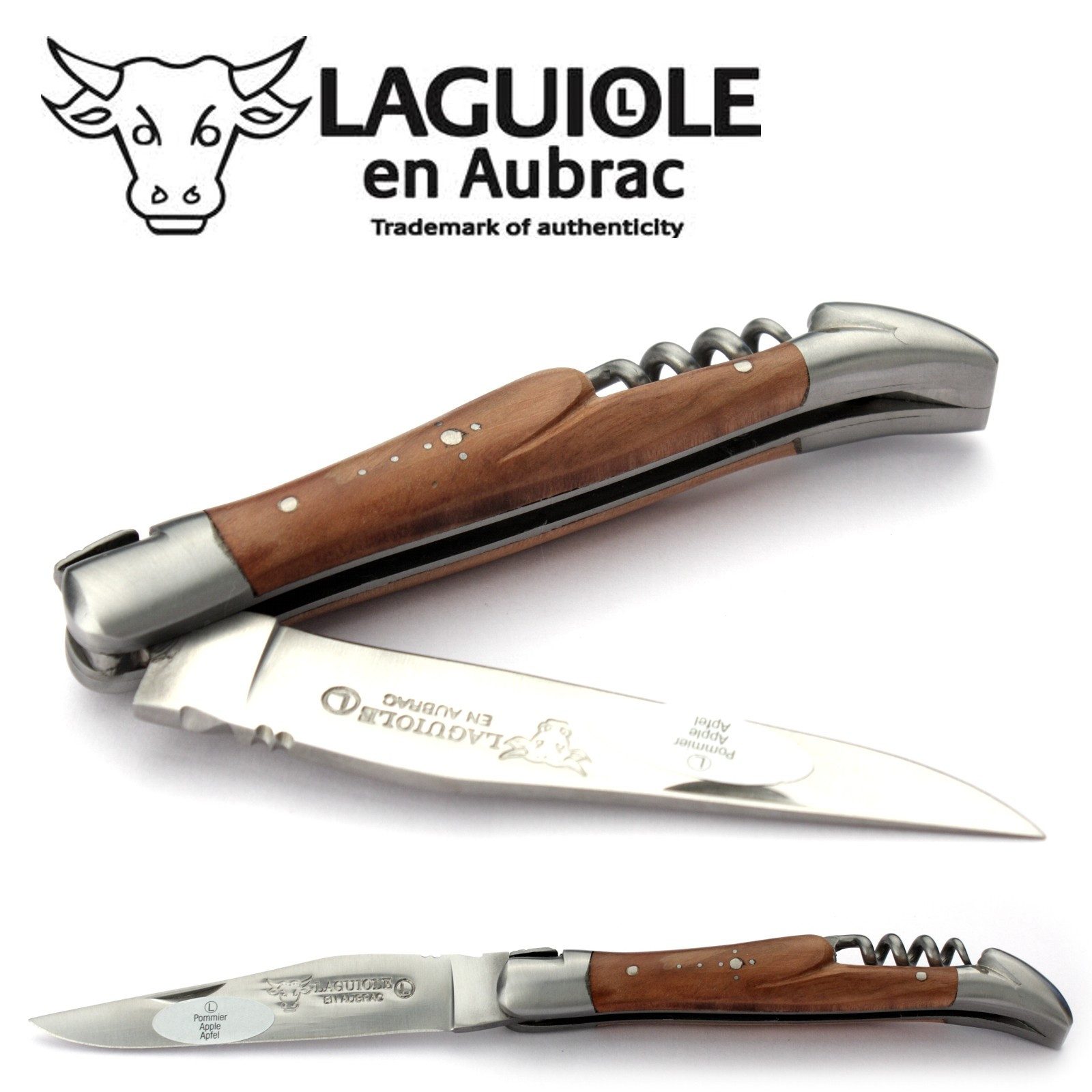 Laguiole en Aubrac Taschenmesser L0311POIS, Griff 11cm Apfelbaum - Feder verziert - Korkenzieher - Stahl matt