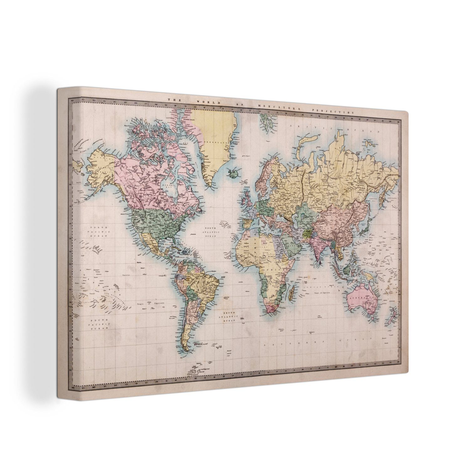 OneMillionCanvasses® Leinwandbild Weltkarte - Retro - Farben, (1 St), Wandbild Leinwandbilder, Aufhängefertig, Wanddeko, 30x20 cm