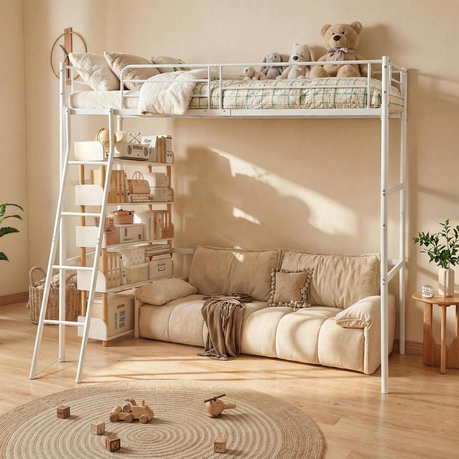 LuxusKollektion Hochbett Hochbett 90x200 cm Metall Weiß mit Rausfallschutz (1-St)