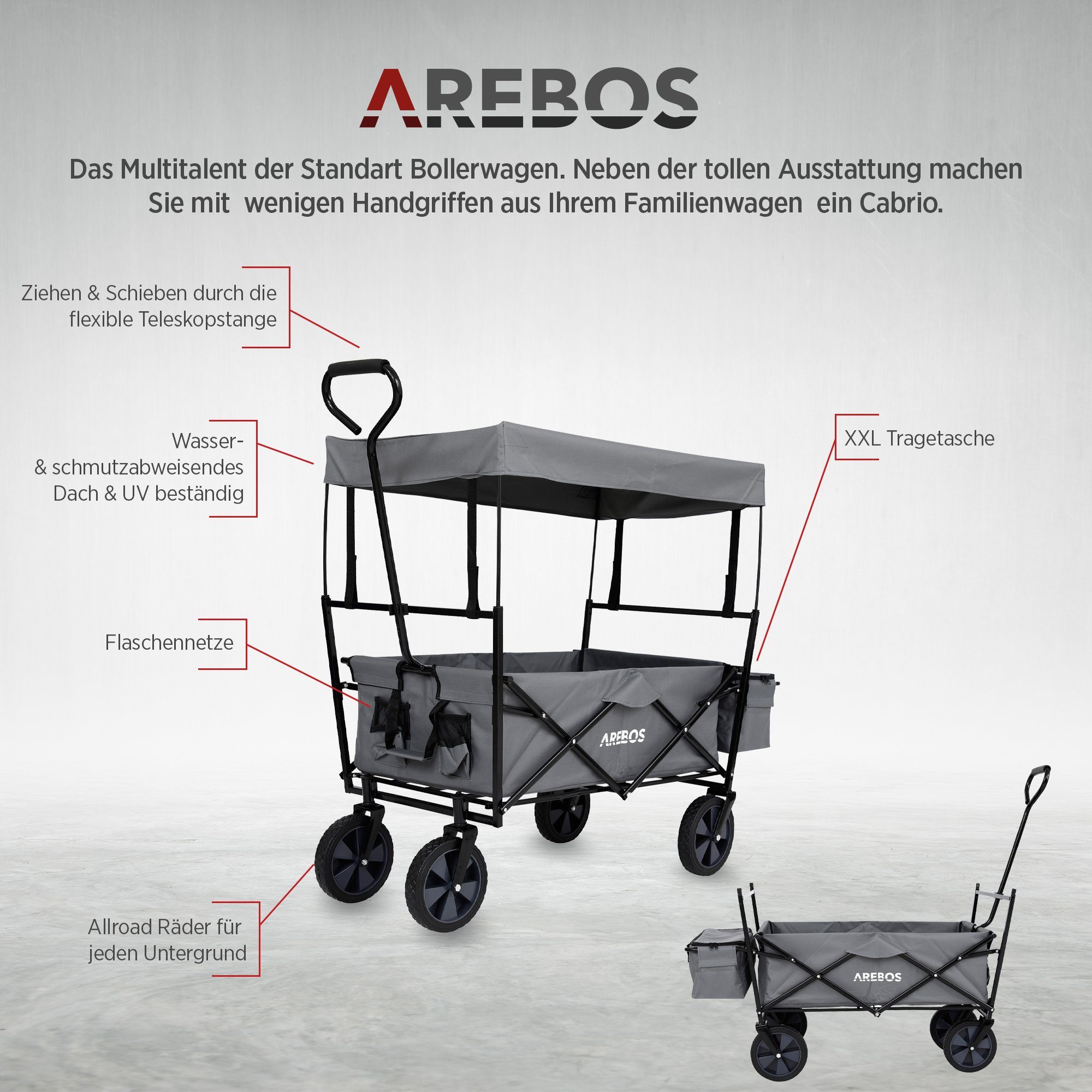 Arebos Bollerwagen ECO faltbar mit Dach, 150 kg Tragkraft für Garten, Camping & Ausflüge (Grau), Maße 117 x 55 x 125 cm