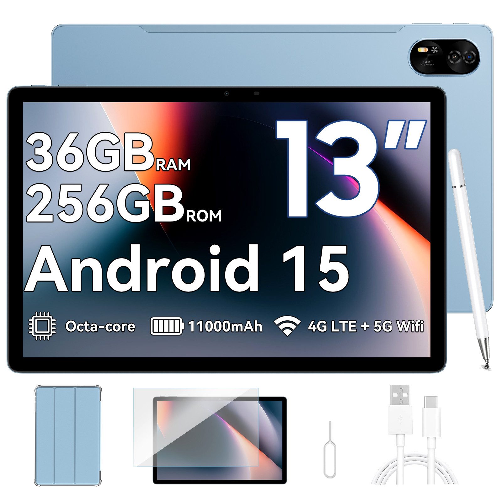 blackview Mega8 13' 4G LTE 512GB incl. Stift/Hülle Tablet (13", 512 GB, 4G(LTE), 13 zoll, Android 15, 50MP, 11000mAh, 4G LTE, T620, 512GB)