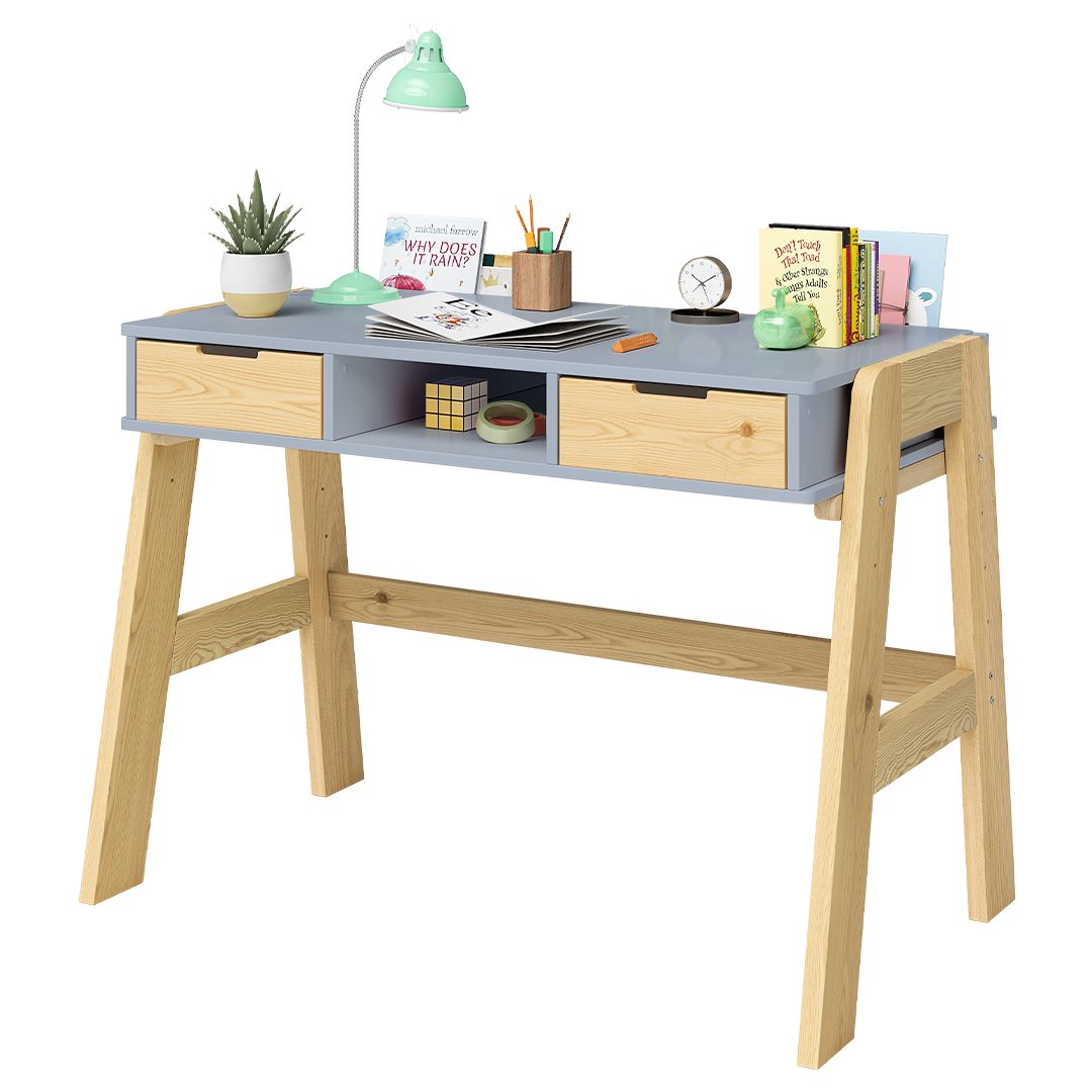 Bellabino Kinderschreibtisch Campo, höhenverstellbar 56-75 cm (mit Schubladen, 1 Ablagefach und 3 Aufbewahrungsfächer), blau/natur