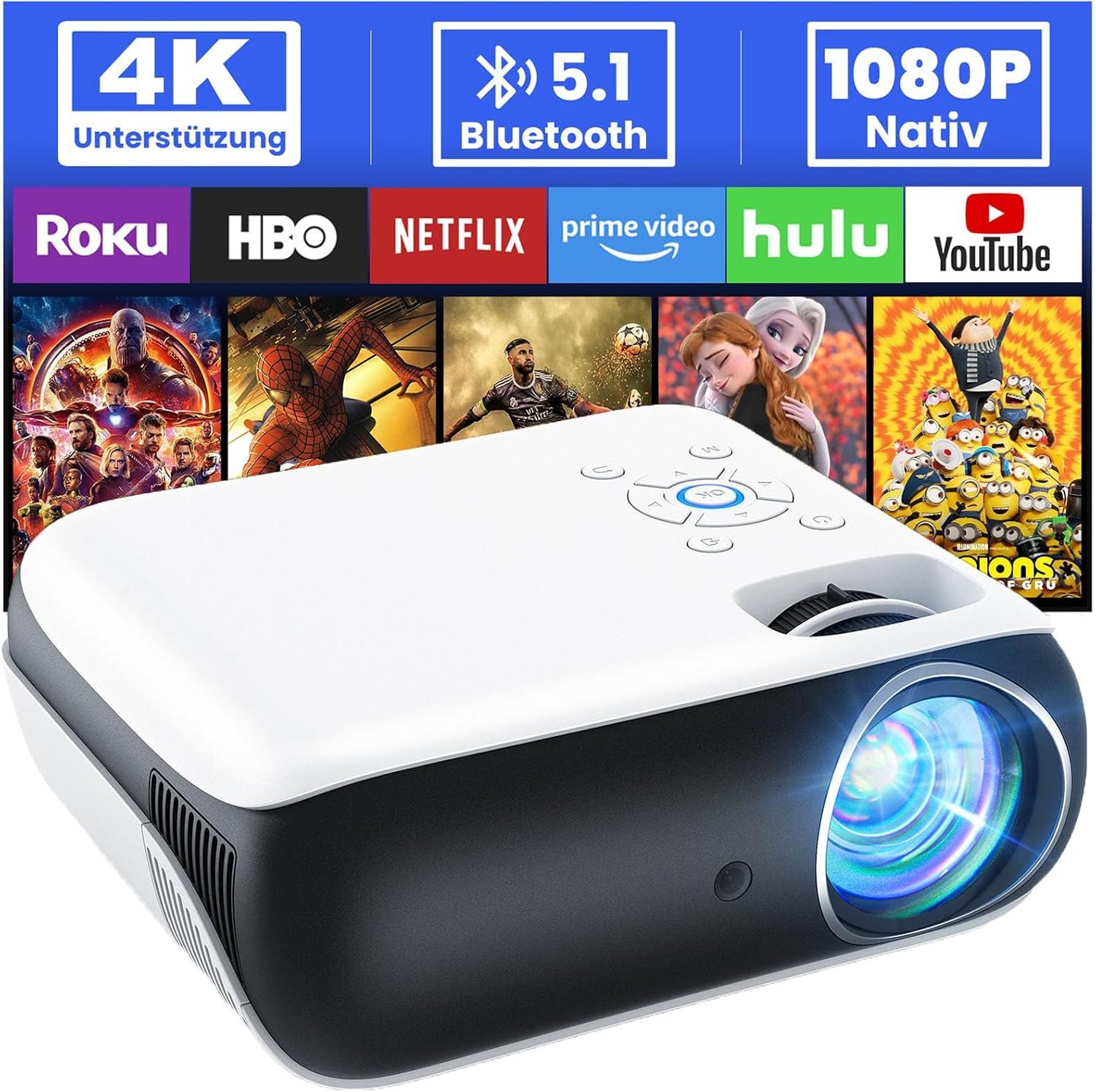 HOPVISION LED-Beamer (9500 lm, 10.000:1, 3840 x 2160 Pixel px, Bluetooth 5.1, 200 Zoll, HDMI & USB)
