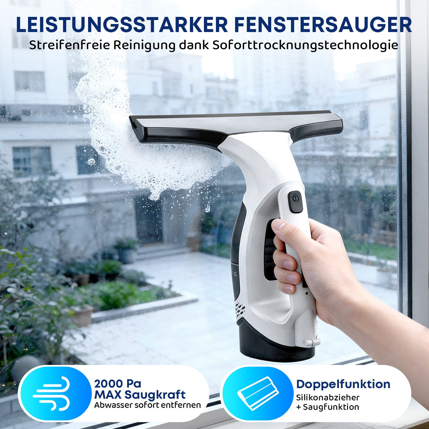 CkeyiN Akku-Fenstersauger Akku-Fensterreiniger mit 1 m verstellbarer Teleskopstange 2200mAh-Akku, Laufzeit 35 minuten 90 m² pro Ladung mit Gießkanne 1 Mikrofasertuch