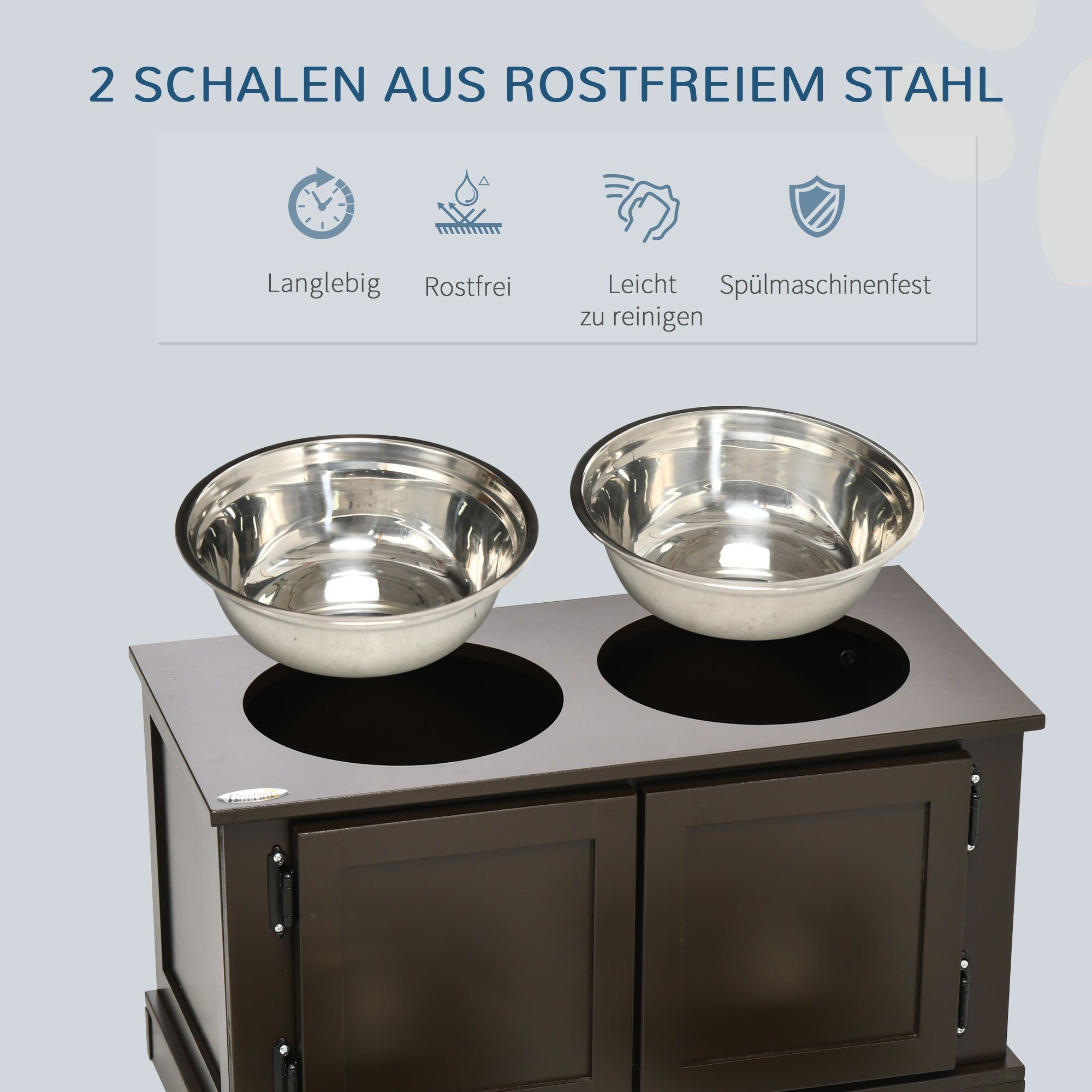 PawHut Futternapf Erhöhtes Futterstation mit 2 Edelstahlschüsseln, Edelstahl, Kaffee 60 x 30 x 34 cm