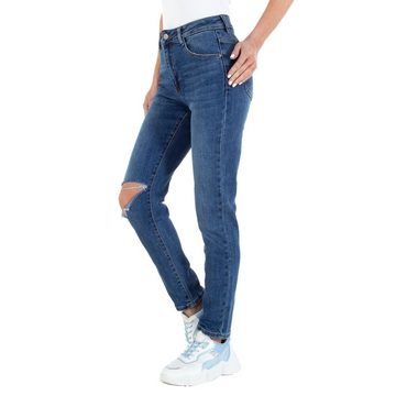 Ital-Design Straight-Jeans Damen Freizeit Destroyed-Look Stretch Straight Leg Jeans in Dunkelblau