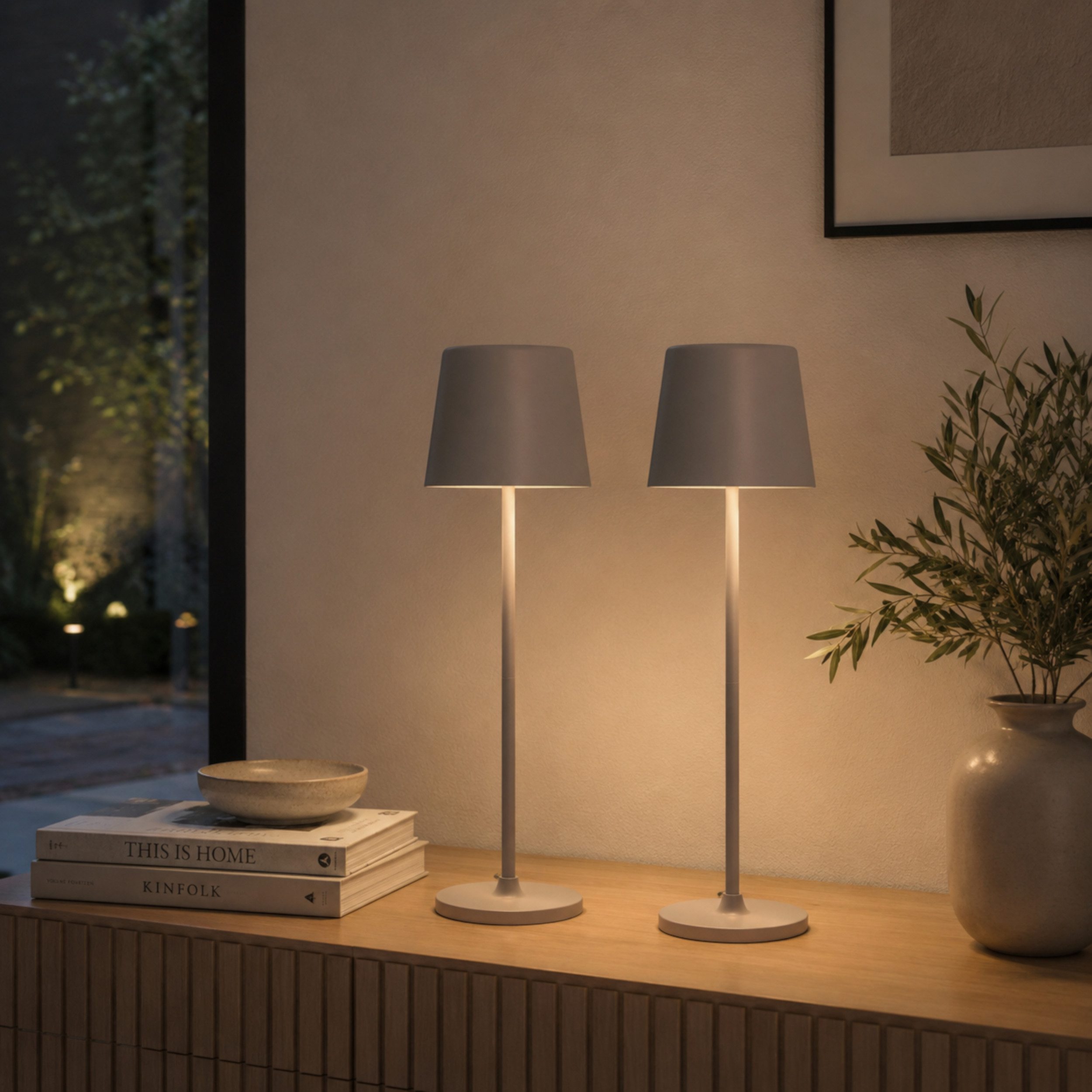 Lightbox Tischleuchte, LED fest integriert, Warmweiß, 2er-Set, LED Außen Tischlampe, 37 cm, 310lm, Touchdimmer, USB, grau