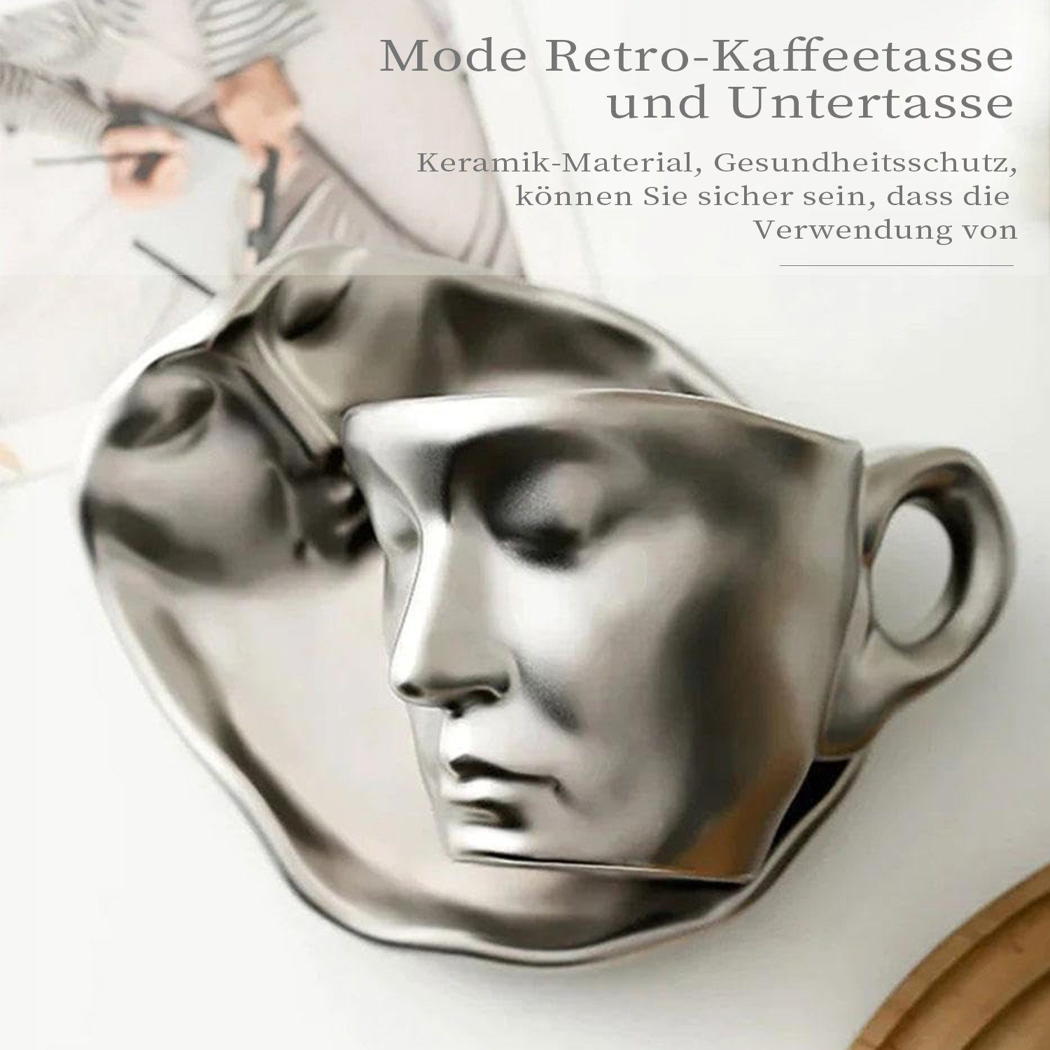 Kaffeeservice Personen MAGICSHE Keramik Weiß Kaffeetasse & Gesichtskuss Set, Untertasse 1
