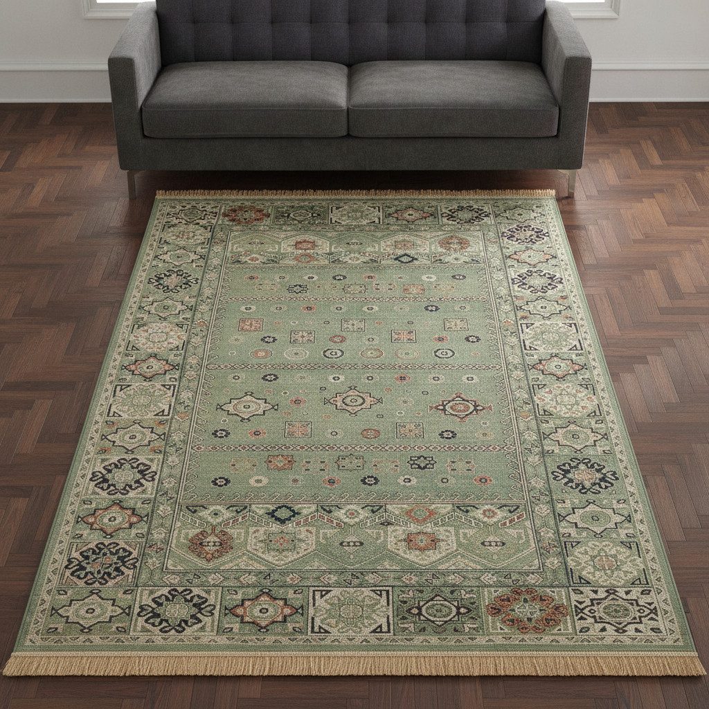 TaCa Home Teppich Seidiger Kurzflor-Orientteppich mit Streumuster und Fransen, rechteckig, Höhe: 6 mm, antistatisch