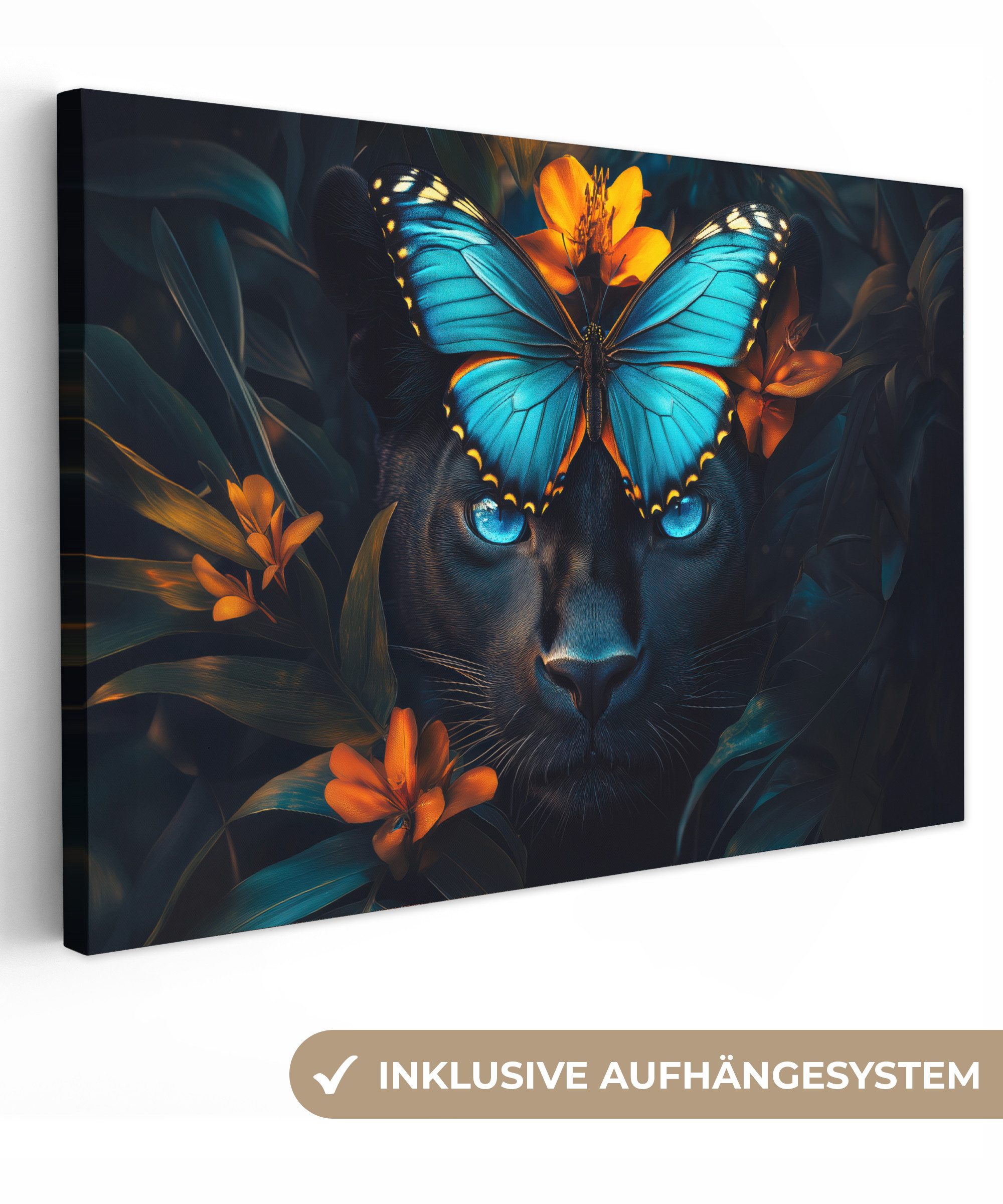 Leinwandbild Panther - Schmetterling - Blau - Blumen - Natur