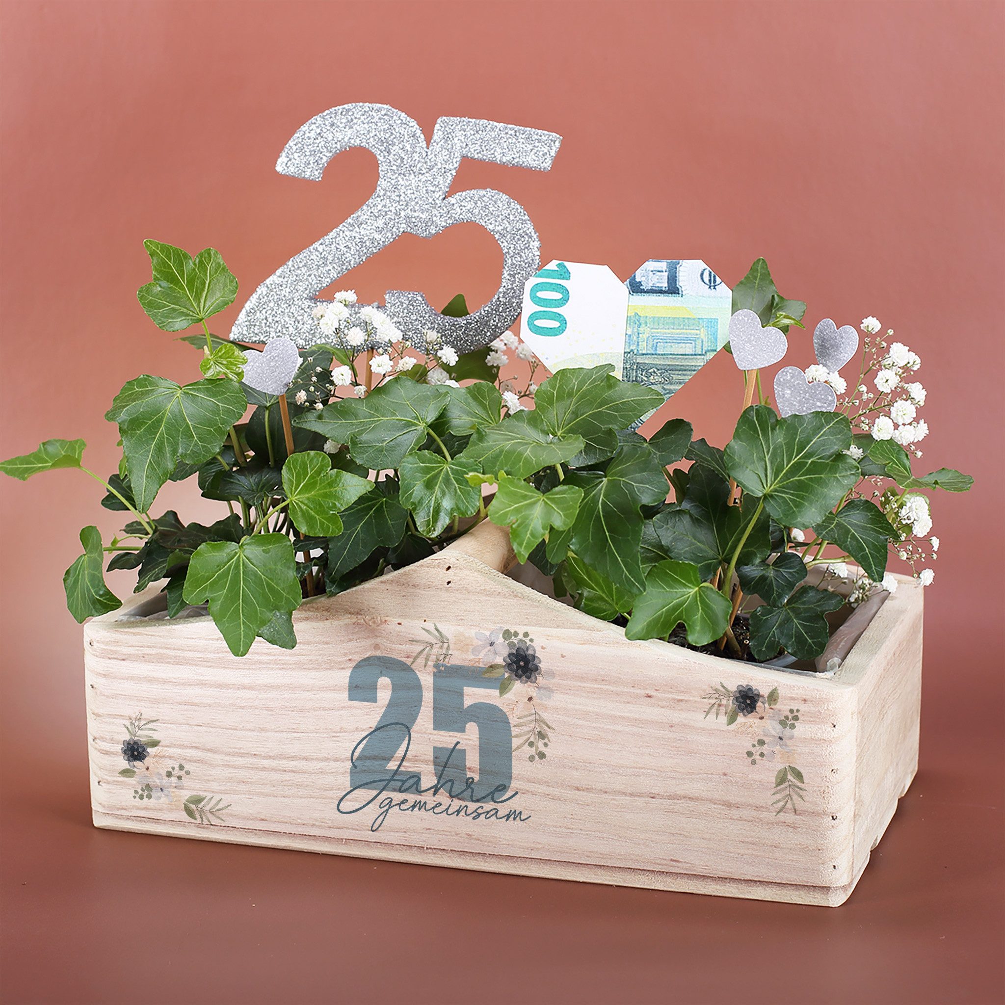 Herz & Heim Geschenkbox Präsentkorb für Geschenke zu Silberhochzeit & Goldene Hochzeit, aus Holz, mit Gravur, mit Griff, zum selbst befüllen