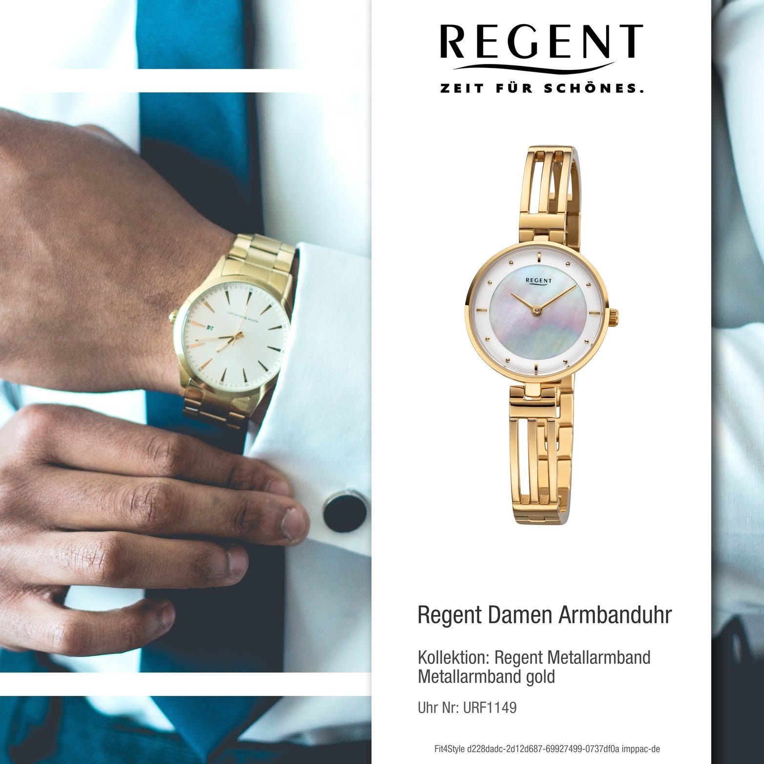 Metallarmband Damenuhr Regent Regent F-1149 Quarzuhr Uhr gold, rundes Gehäuse, klein 28mm) (ca. Damen Metall Analog,