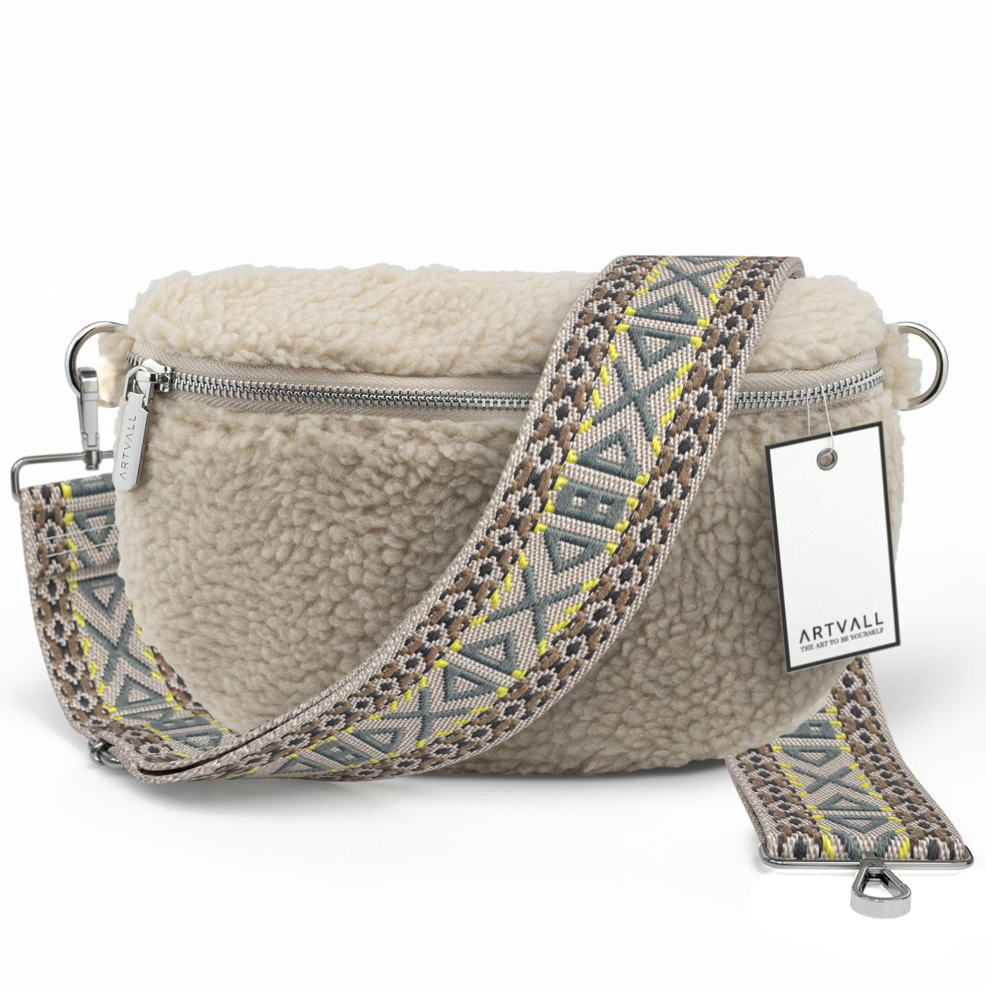 ARTVALL Umhängetasche Teddy Handtasche Brusttasche Schultertasche Beige (Tasche inkl. Сумкиband), Bauchtasche Teddy Plüschtasche Teddyfell mit Schultergurt Design Klein