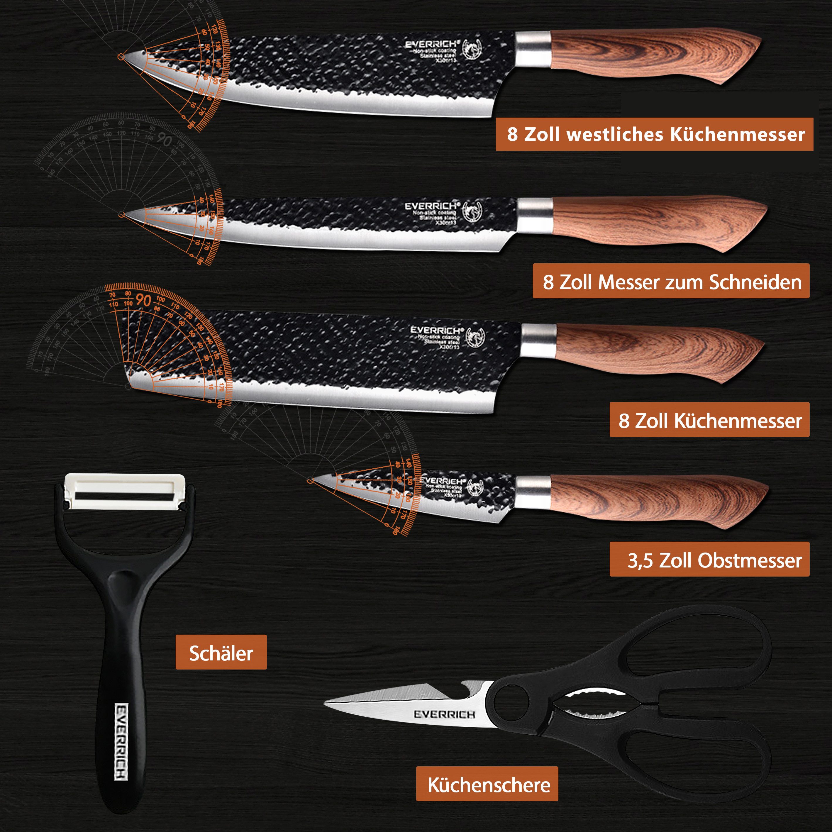 HT Messer-Set Traditionelles Handschmiedehandwerk Messerset 6 teilig (Kochmesser Fleischmesser Schälmesser Allzweckmesser), Hochwertigem Carbon Stahl Scharf Messerset für die Küche