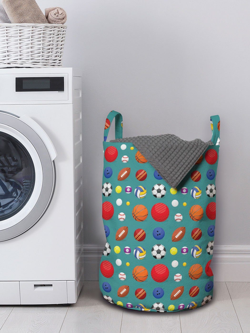 Wäschesäckchen Bälle Wäschekorb Kordelzugverschluss für Griffen Abakuhaus Bunte Waschsalons, mit Entwurf Verschiedene Hobby