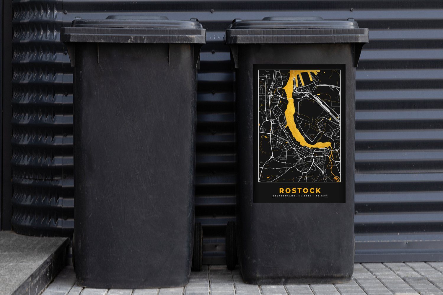 Deutschland (1 Container, Mülleimer-aufkleber, - - St), Abfalbehälter MuchoWow Sticker, - Mülltonne, Wandsticker Stadtplan Gold - Karte Rostock