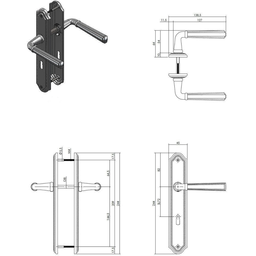 MS Beschläge Türbeschlag Langschildgarnitur Nickel matt Türdrücker Türgriff