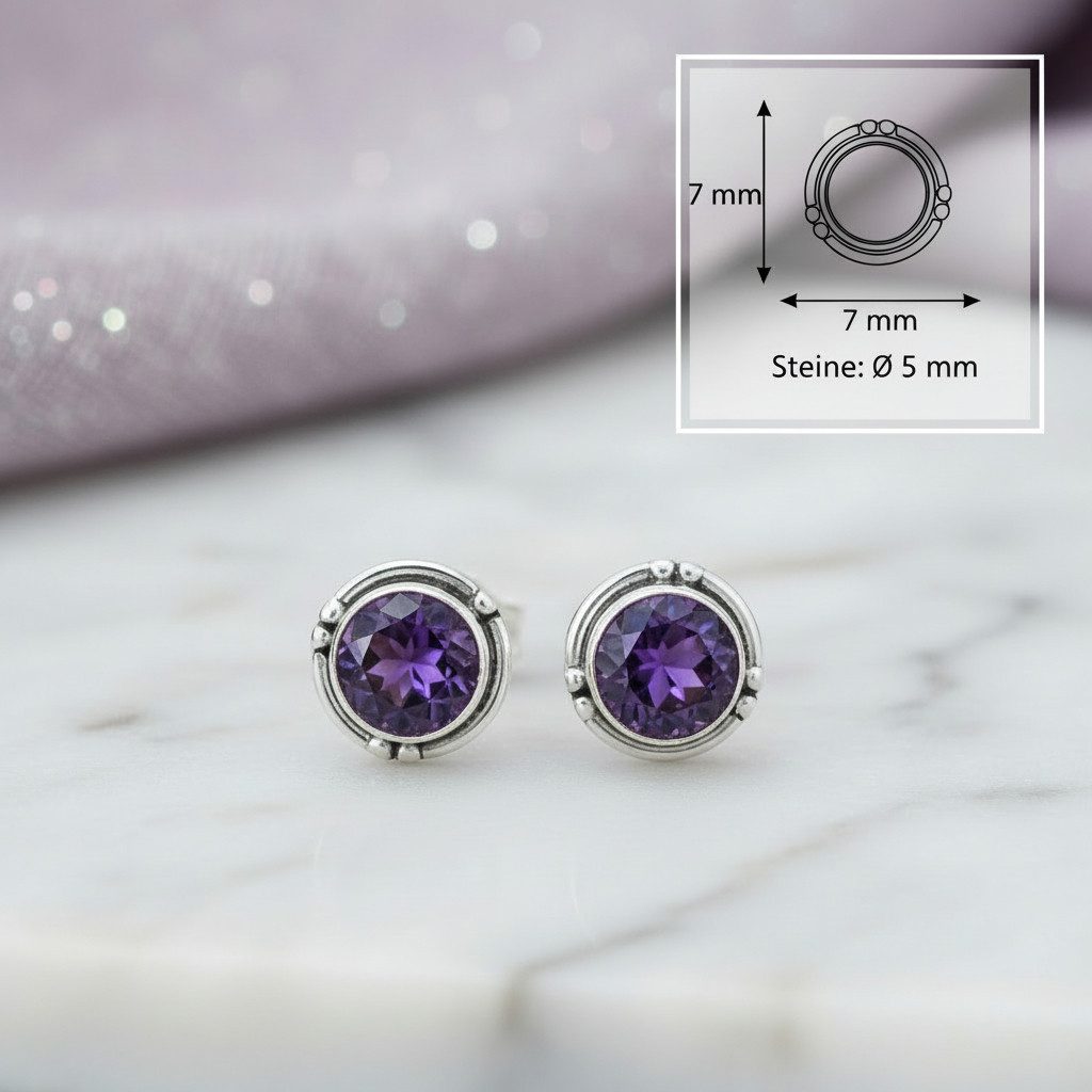 mantraroma Paar Ohrstecker LITANG aus 925 Silber mit Amethyst facettiert (Paar, Paar Ohrringe mit Schmuckbeutel), 925 Sterling Silber Ohrringe für Damen