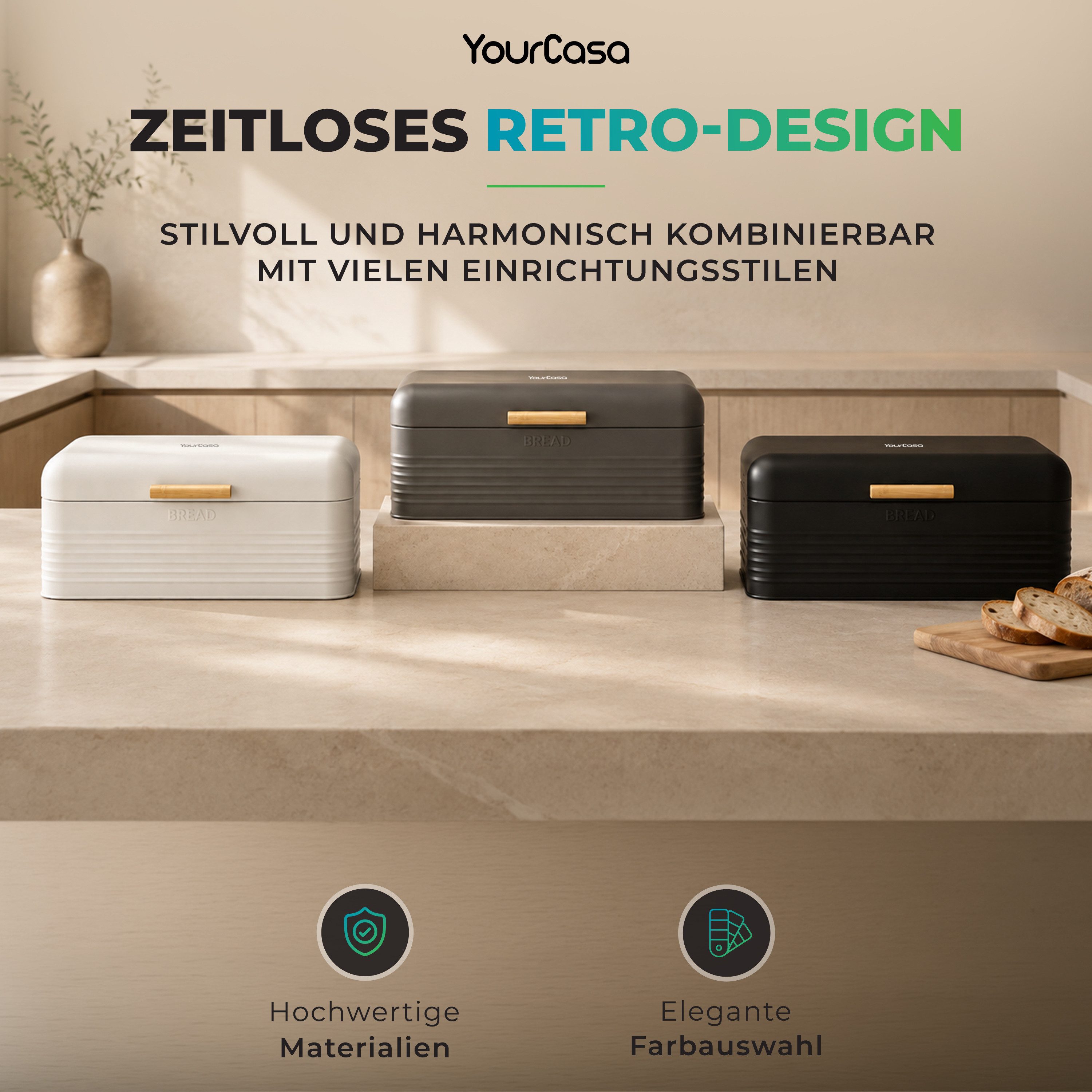 YourCasa Brotkasten YourCasa Skani Brotbox Metall Retro mit Bambus-Griff, Bambusgriff, retro Design, Pulverbeschichtetes Metall – Bild 3 von 5