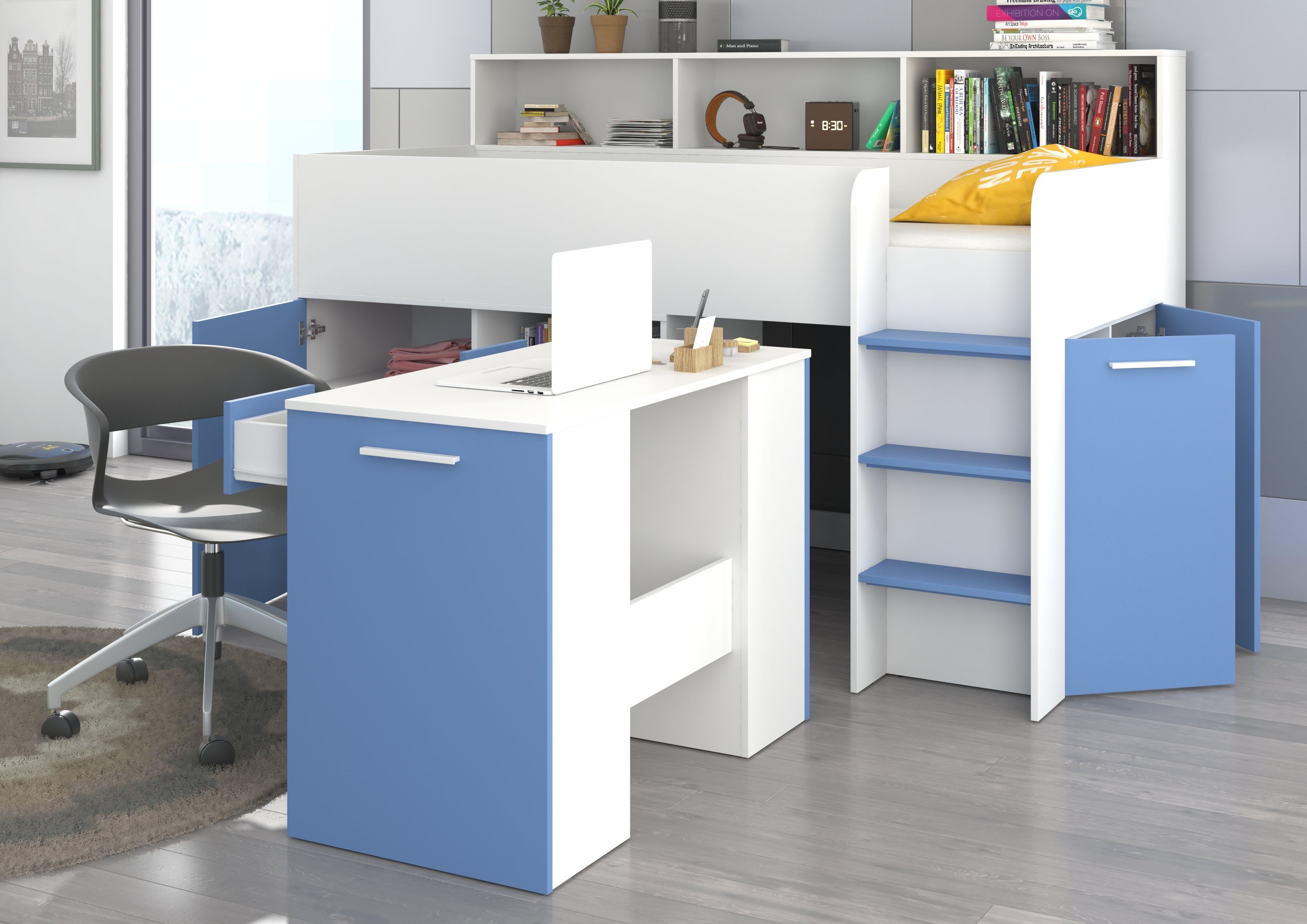 Hochbett Domando Talamone integrierten und und Breite Schreibtisch mit Schränken, Hochbett Regal 206cm, Weiß Matt Himmelblau