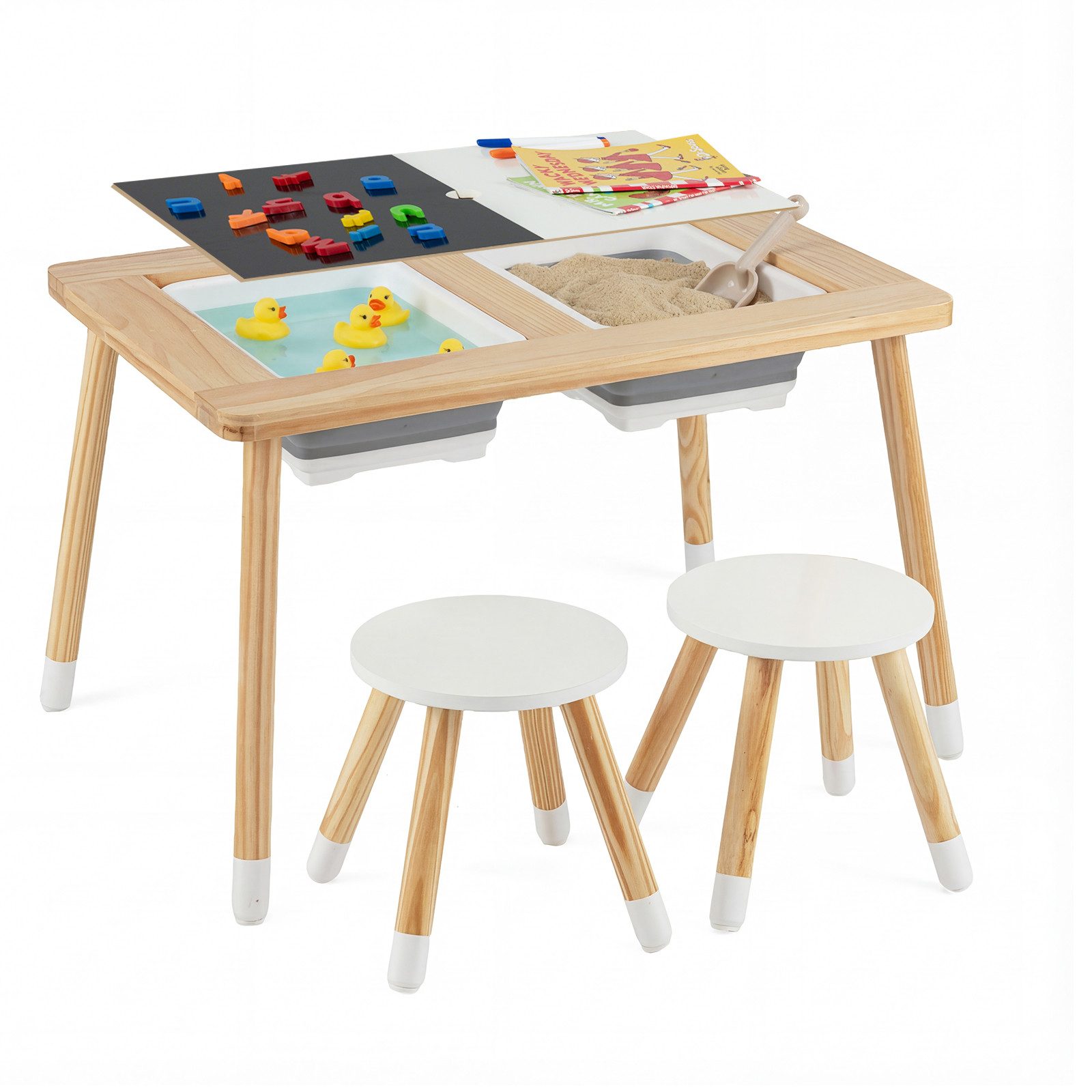 COSTWAY Kindersitzgruppe, (3-tlg), Spieltisch mit 2 Hockern & 2 Behältern