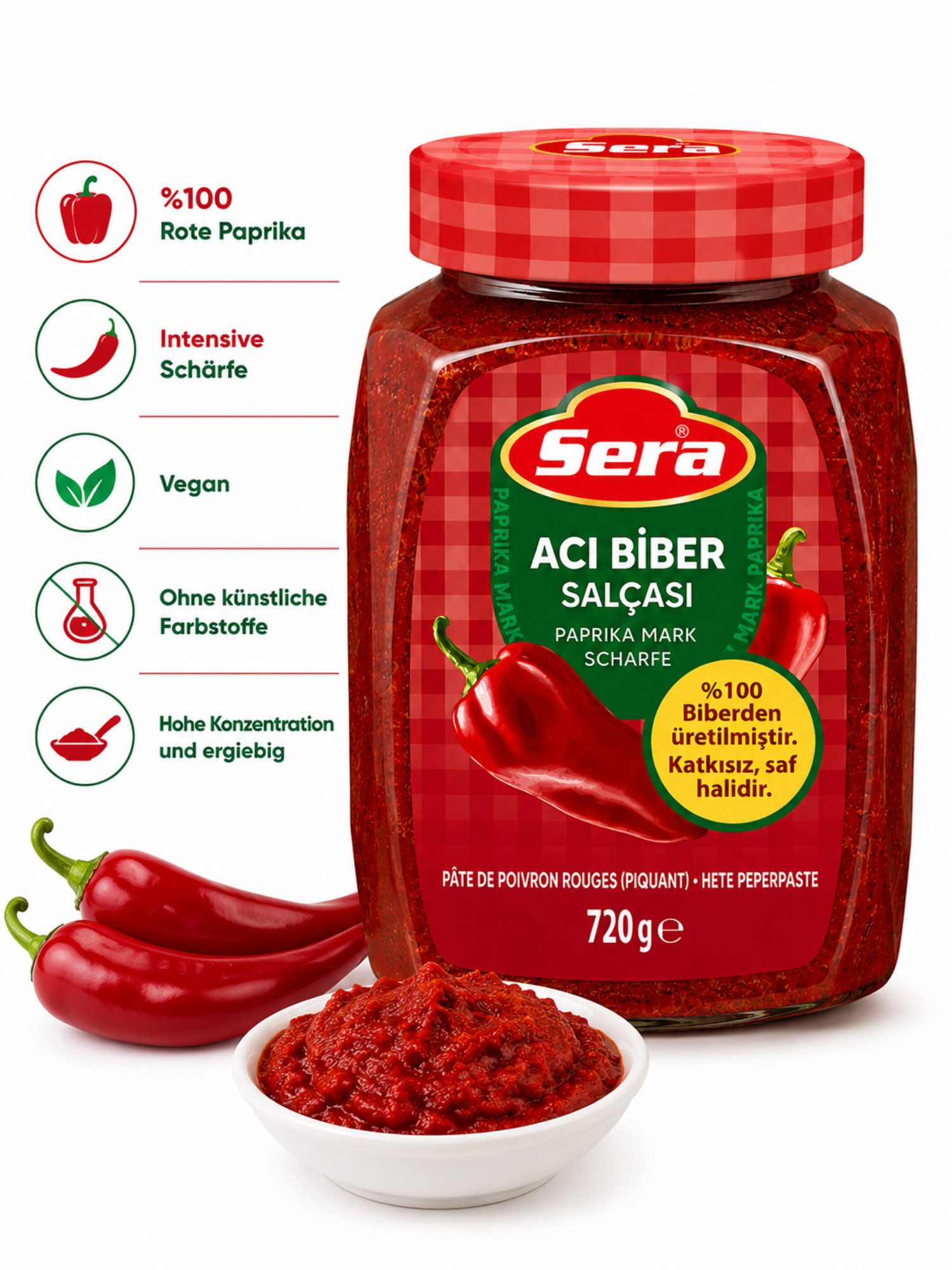 SERA FOOD Saucen Sera %93 Rote Paprika, Paprikamark im Glas, 720 g, 93 % rote Paprika, traditionelle Rezeptur, intensiv im Geschmack