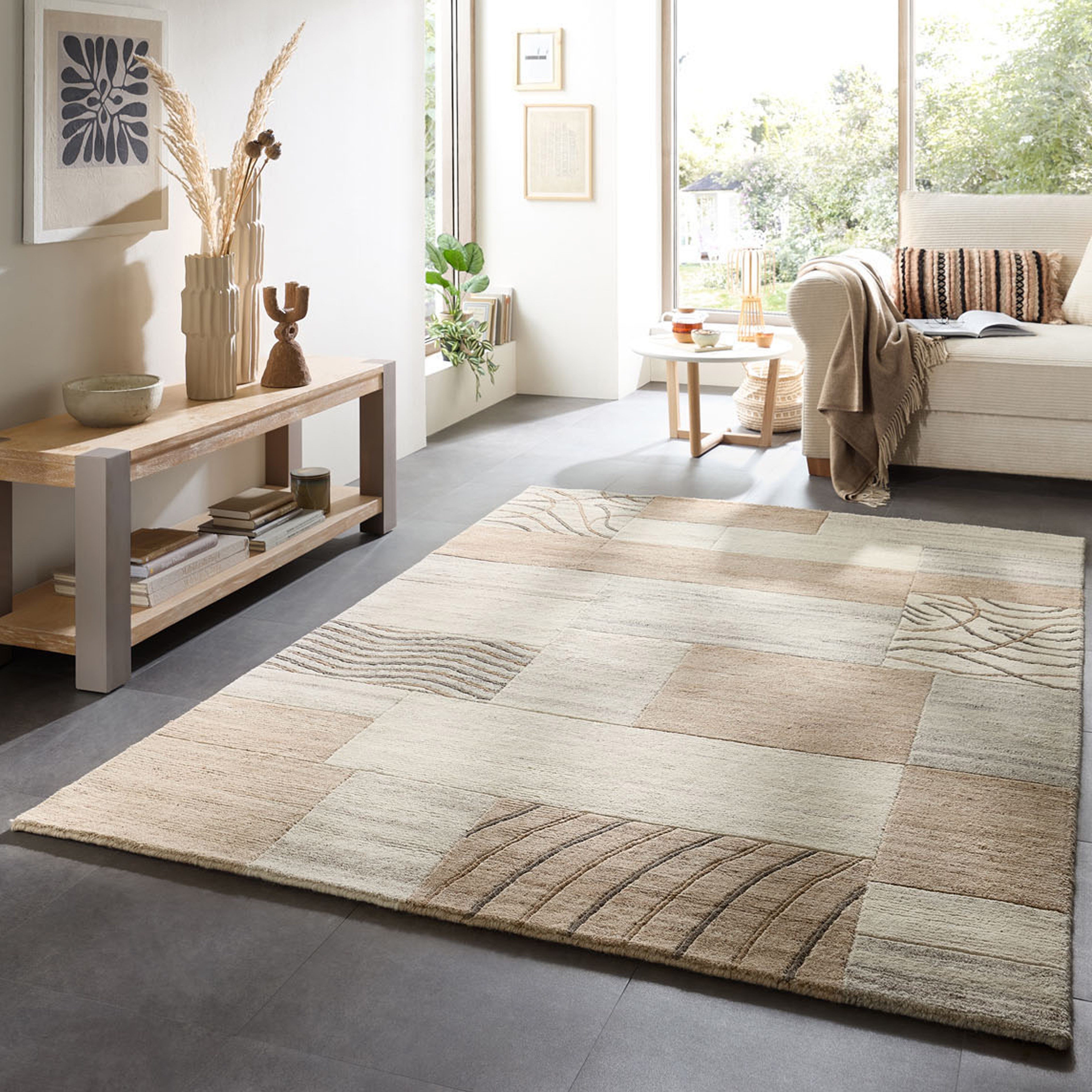 THEKO Wollteppich Royal Natur 4028, rechteckig, Höhe: 14 mm, reine Wolle, handgetuftet, Naturtöne, Patchworkdesign, meliert