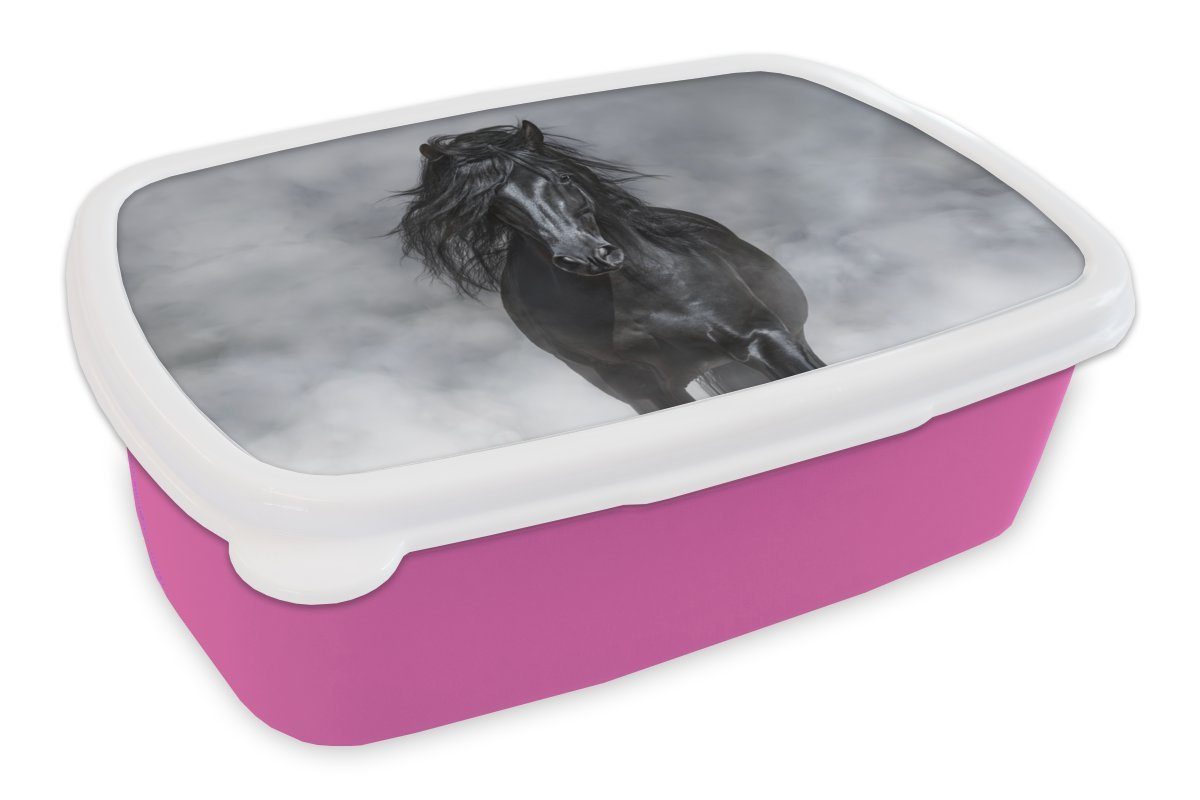 MuchoWow Lunchbox Pferd - Schwarz - Smoke, Kunststoff, (2-tlg), Brotbox für Erwachsene, Brotdose Kinder, Snackbox, Mädchen, Kunststoff rosa