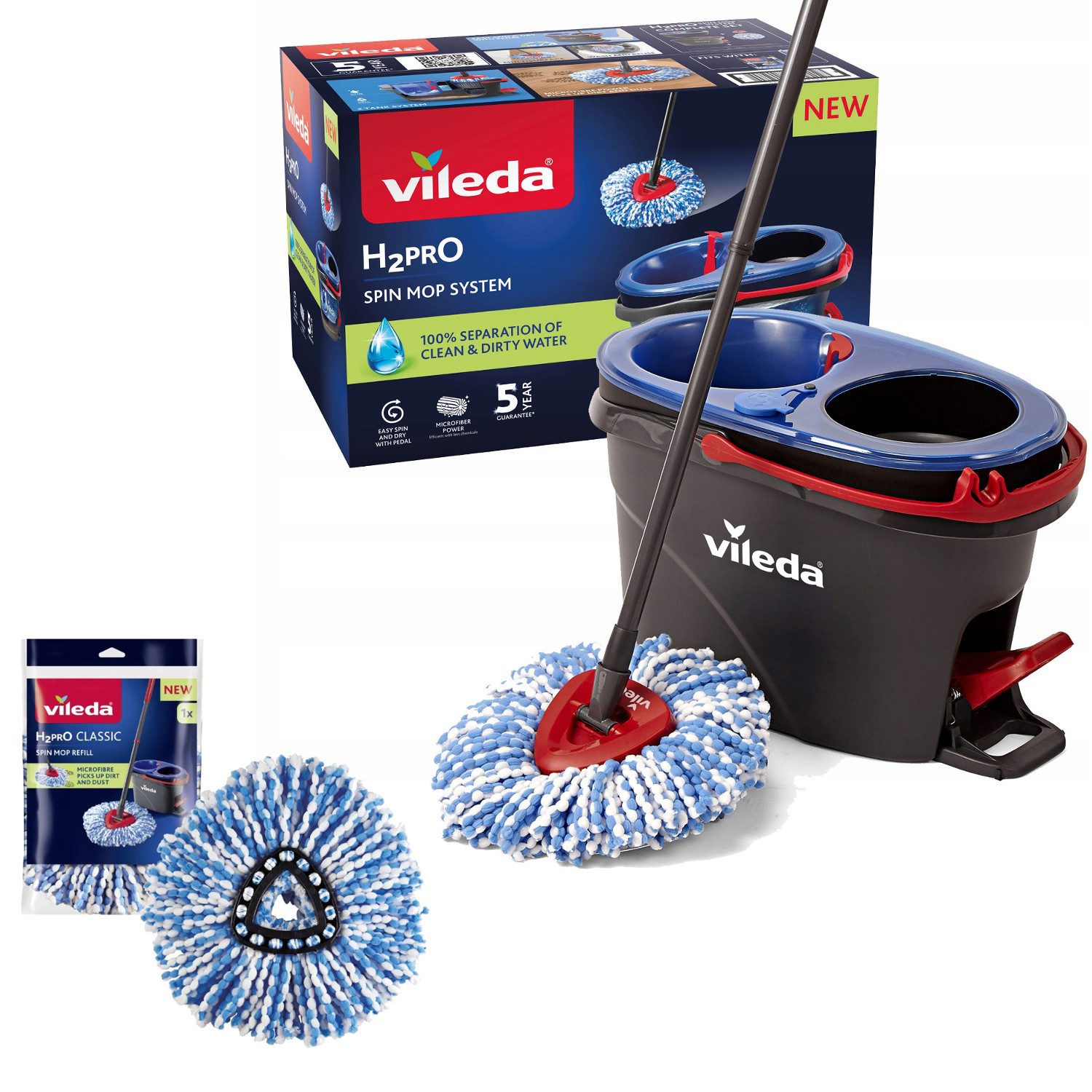Vileda Wischmopp H2prO Rotationsmopp mit Eimer 2 Nachfüllungen, Zentrifugationssystem, klappbare Stange, einfache Reinigung von Ecken