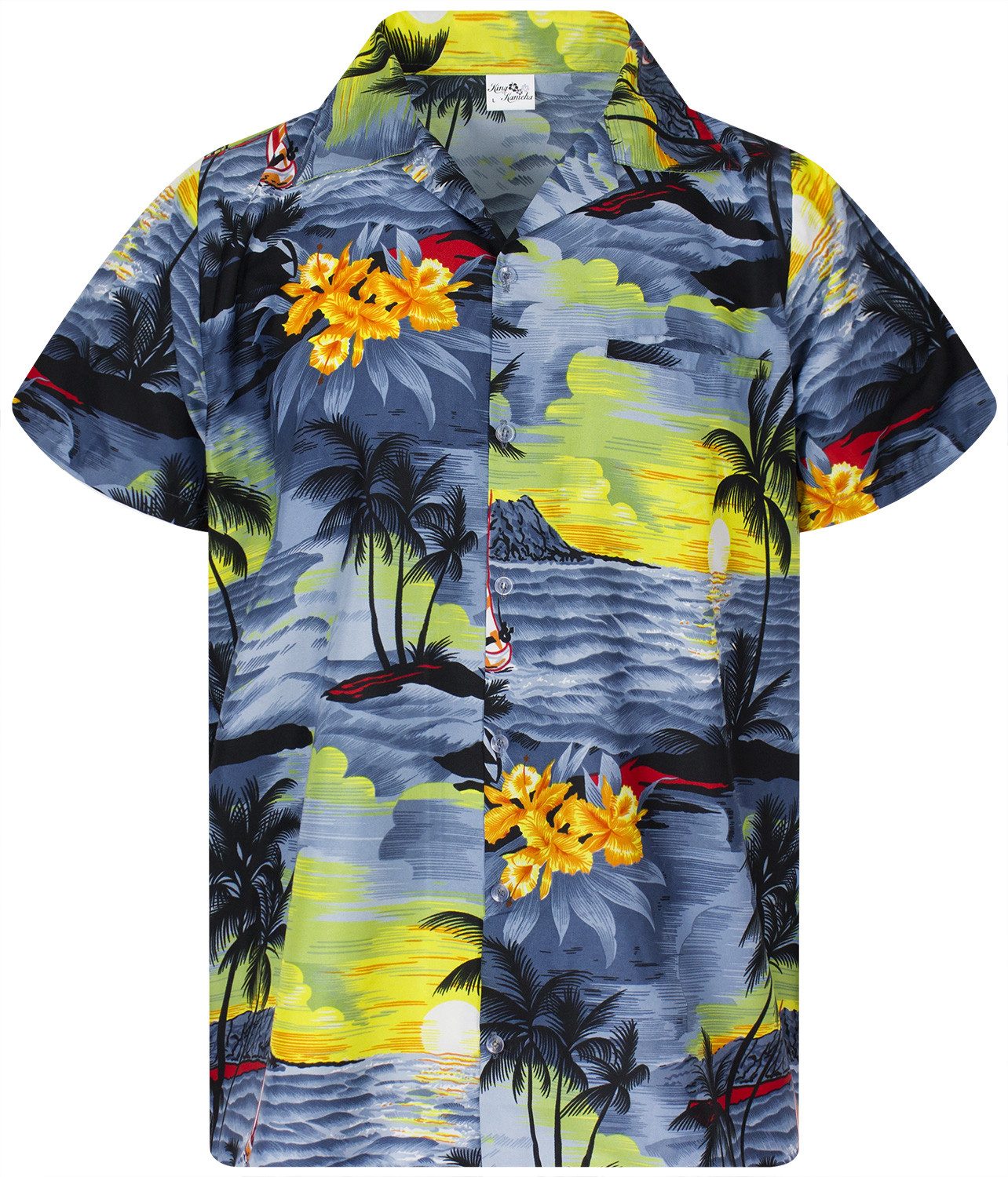 King Kameha Hawaiihemd "Surf" Funky Hawaii-Hemd Herren Kurzarm Front-Tasche Sommerhemd