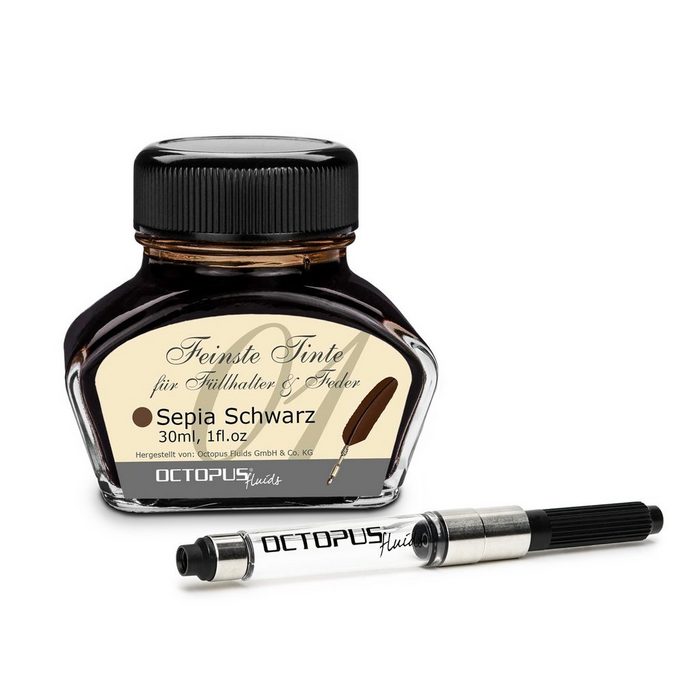 OCTOPUS Fluids Schreibtinte Sepia Schwarz 30 ml mit Konverter Tintenglas