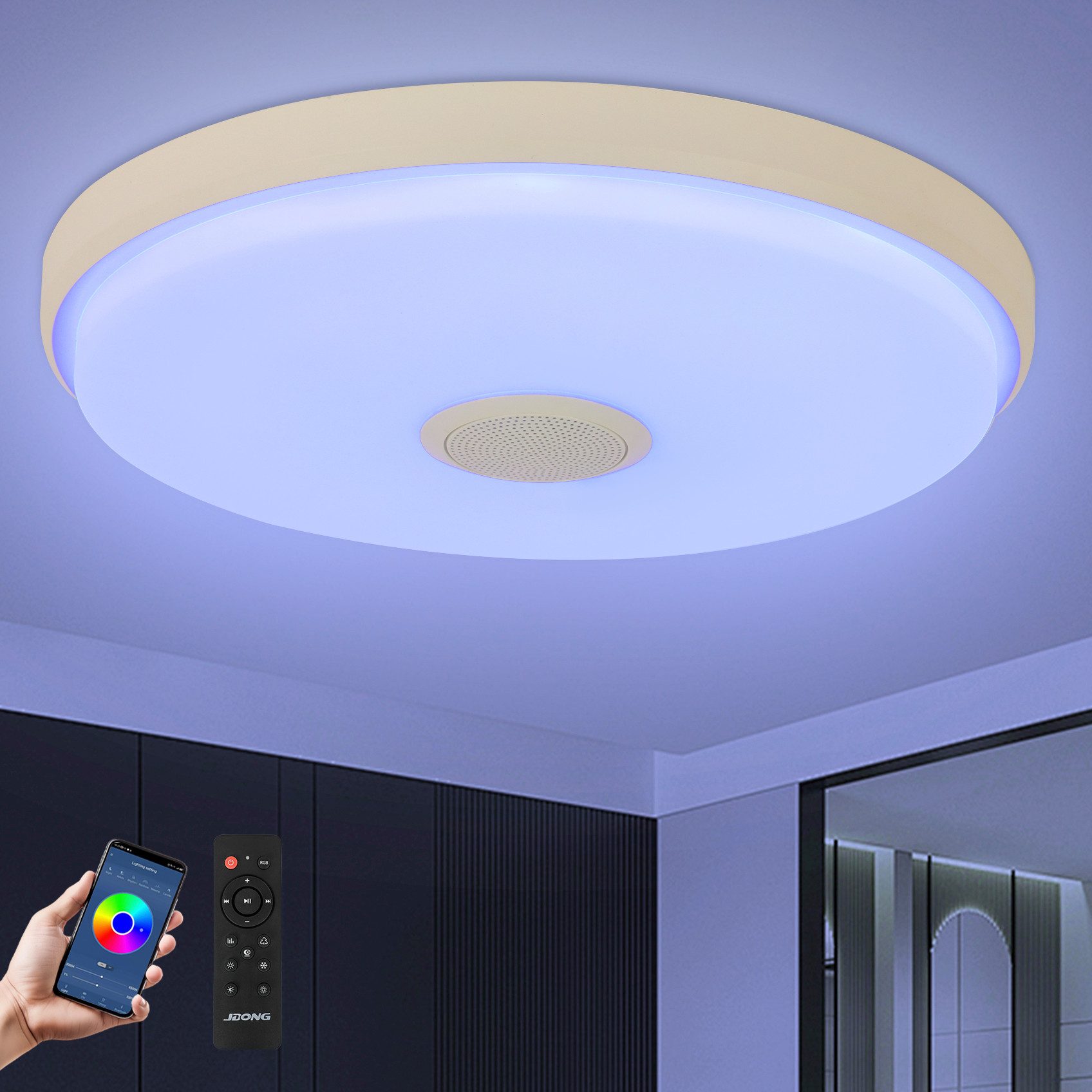 JDONG Deckenleuchte 30CM RGB Farbwechsel mit Fernbedienung 3000-6500k, 24W LED Deckenleuchte Dimmbar mit Bluetooth Lautsprecher, APP-Steuerung Musikwiedergabe für Schlafzimmer Kinderzimmer