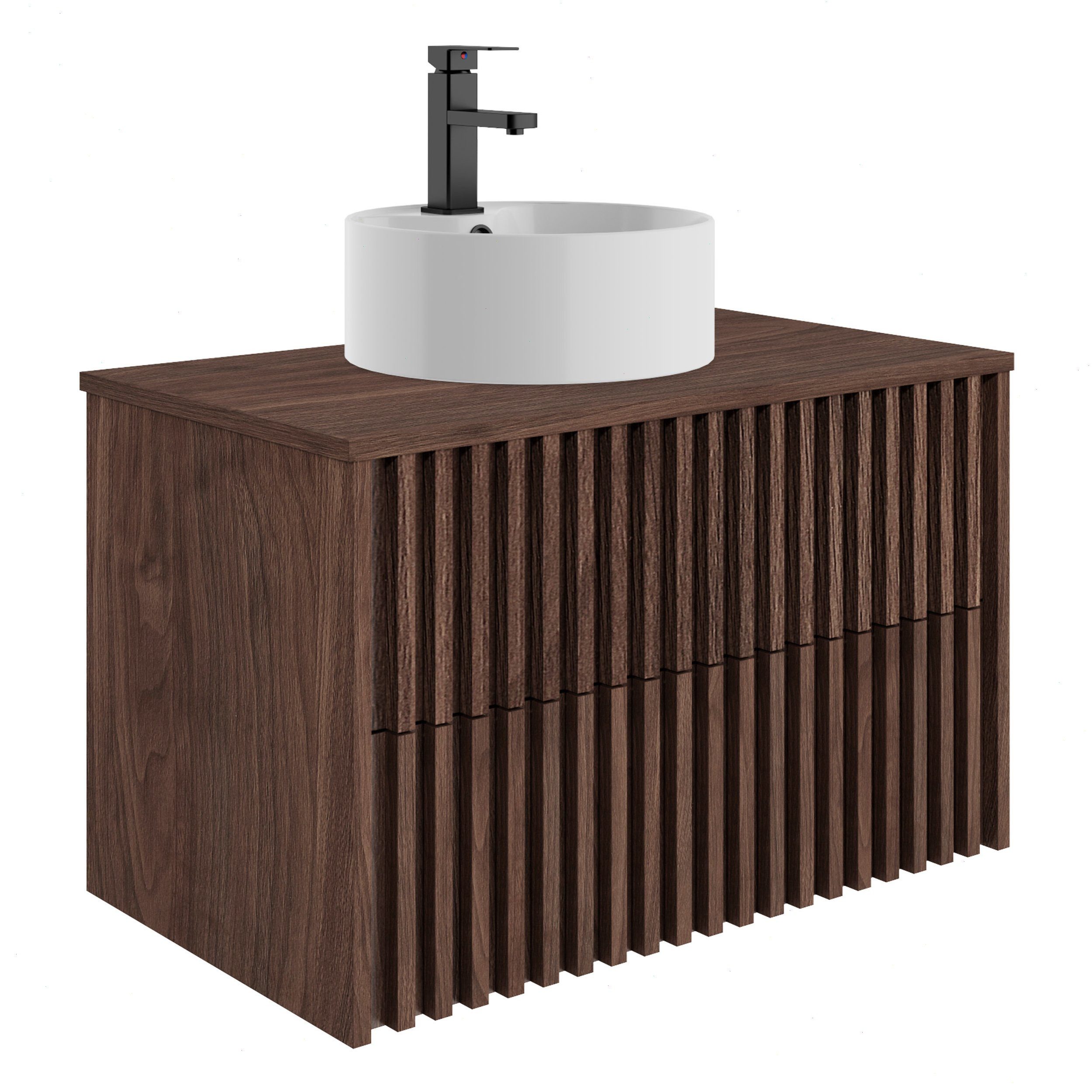 UEV Waschtisch mit Unterschrank hängend Rundes Keramikwaschbecken (Komplett-Set Badmöbel, Badezimmmer Schrank, mit Wasserhahn und Pop-up-Ablassventil Aufsatz-Waschbecken), Soft-close Schubladen,Waschbeckenunterschrank mit 2 Schubladen