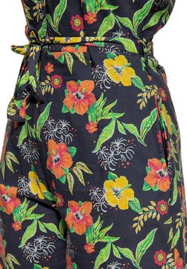 QueenKerosin Jumpsuit Hibiscus Black mit tropischem All-Over-Print