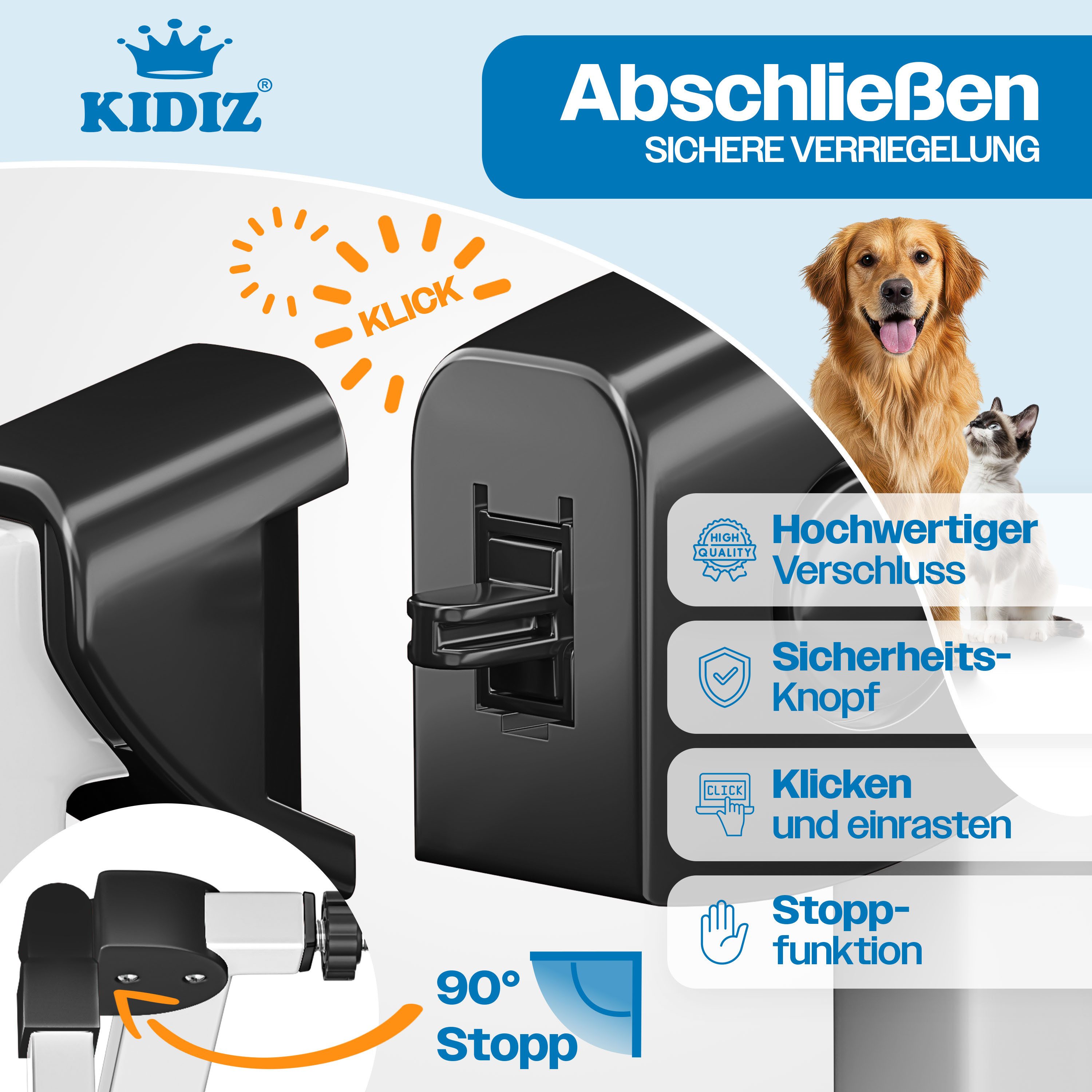 KIDIZ Türschutzgitter, auch als Schutzgitter für Treppen, Auto Close, Kinder Treppengitter