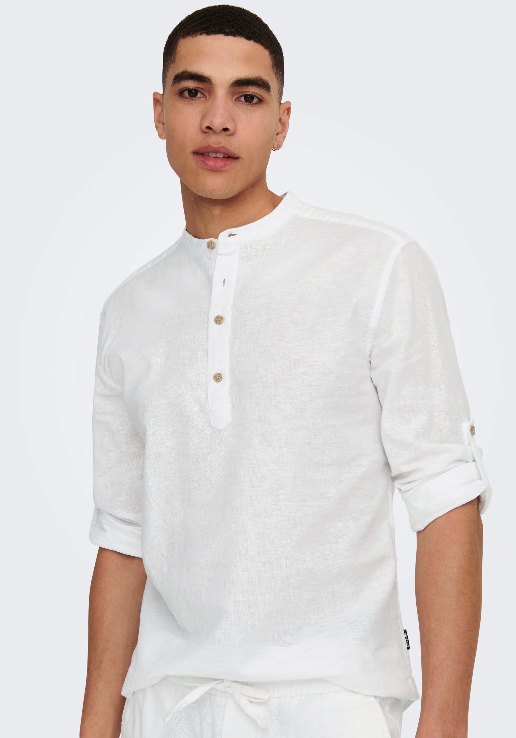 SHIRT Langarmhemd SONS ONLY LINEN & ONSCAIDEN HALFPLACKT White LS