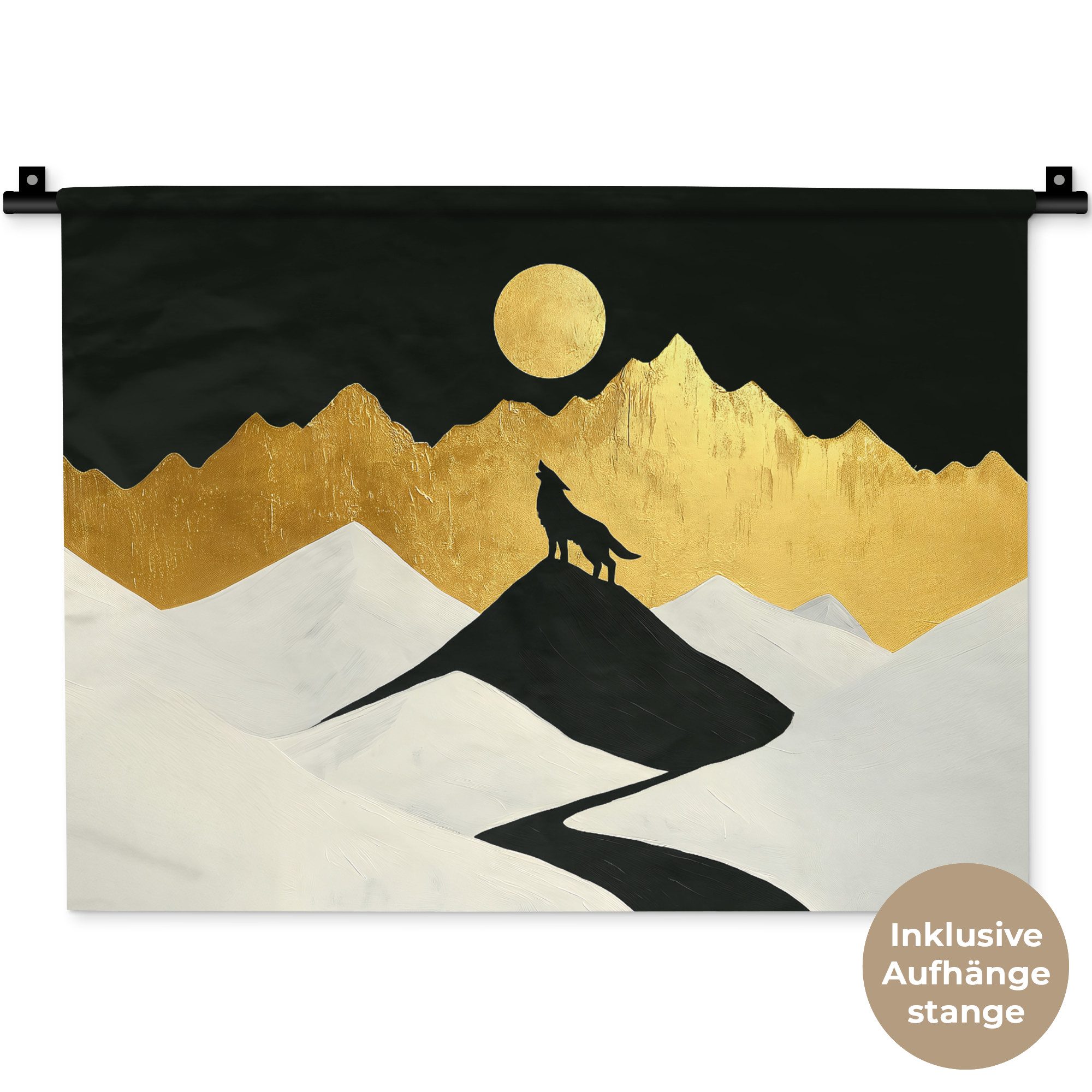 MuchoWow Wandteppich Wolf - Berg - Mond - Schwarz, Rechteckig, Höhe: 3 mm, Wanddeko Teppich Wohnzimmer, Schlafzimmer, 60x45 cm