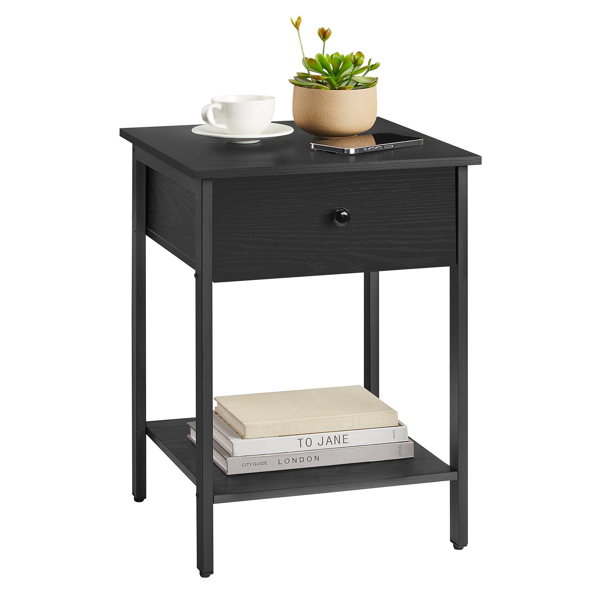 VASAGLE Nachttisch Nachtkommode, Beistelltisch, 40 x 40 x 55 cm, Schlafzimmer, Wohnzimmer (1-St), mit Schublade, Ablage, Stahlrahmen, einfacher Aufbau, ebenholzschwarz