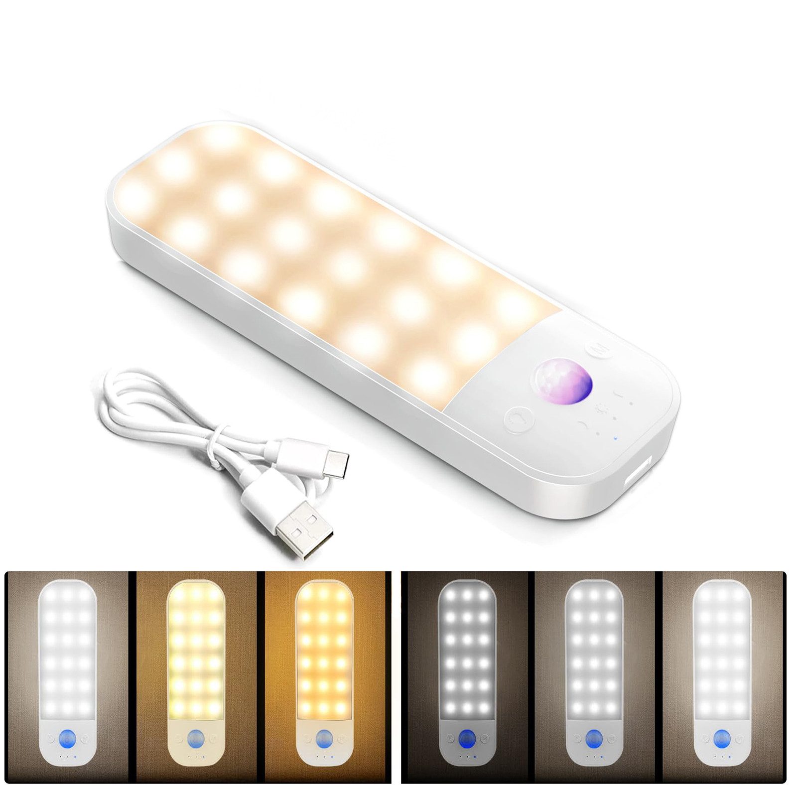 Jibenhome LED Nachtlicht Schrankleuchte USB Akku Aufladbar, LED Nachtlicht 3 Modi, Dimmbar, Unterschrankleuchte, Kleiderschrank,Bewegungssensor, ältere,Badezimmer,Küchen,Kinderzimmer