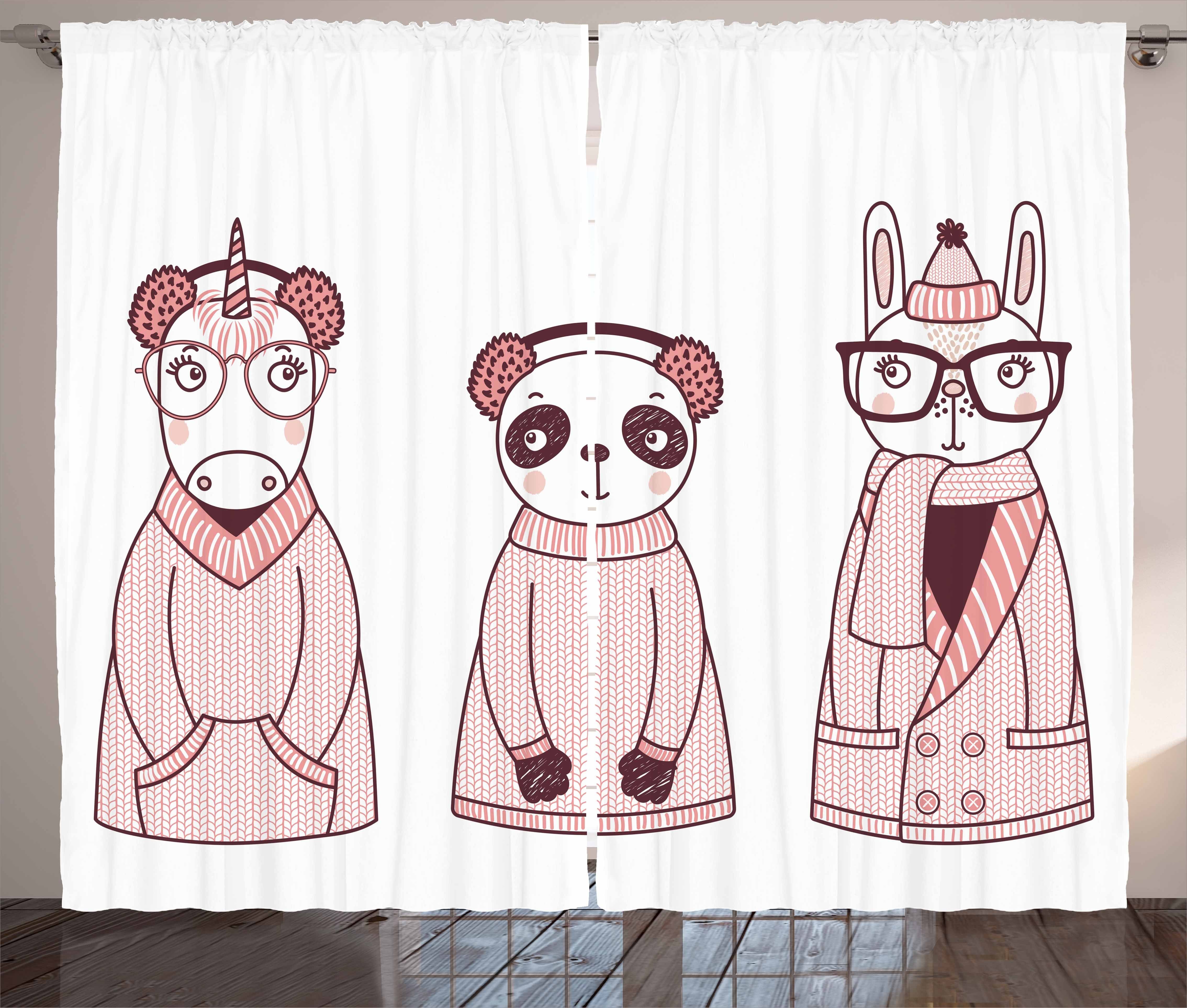 Vorhang Haken, und Schlafzimmer Gardine mit Gekritzel Schlaufen Karikatur-Winter-Tiere Kräuselband Abakuhaus,