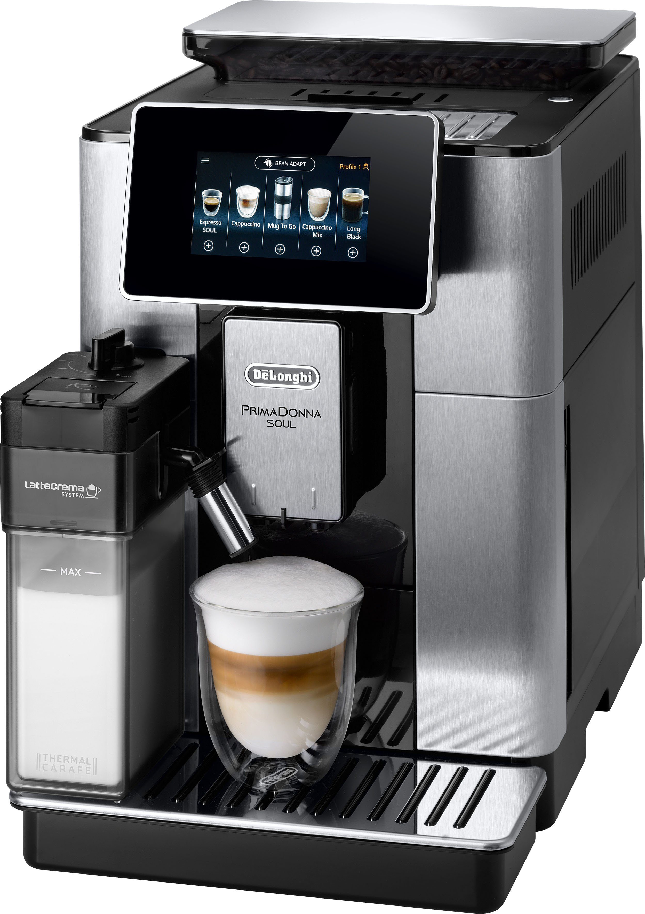 De'Longhi Kaffeevollautomat PrimaDonna Soul ECAM610.75.MB - Mit Kaffeekannen-Funktion, Inkl. Kaffeekanne, Bean Adapt Technology, Edelstahl, Scheibenmahlwerk