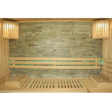 Dewello Sauna SARNIA 180 Finnische Sauna, bis zu 4 Personen, Saunaofen, Harvia 6KW, BxTxH: 180 x 140 x 200 cm, (inkl. 4-teiligem Sauna-Set, schaltbare Beleuchtung, inkl. 6 KW Harvia Ofen mit passenden Lavasteinen) Sauna aus Hemlock-Tannenholz, leichter Aufbau dank Stecksystem