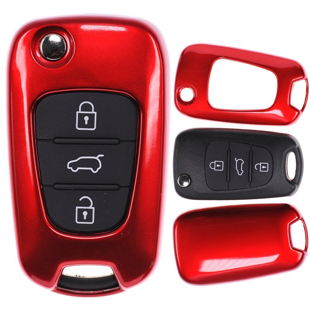 mt-key Schlüsseltasche Autoschlüssel Hardcover Schutzhülle Metallic Rot, für Hyundai i30 ix20 ix35 Kia Soul Sportage Ceed Klappschlüssel