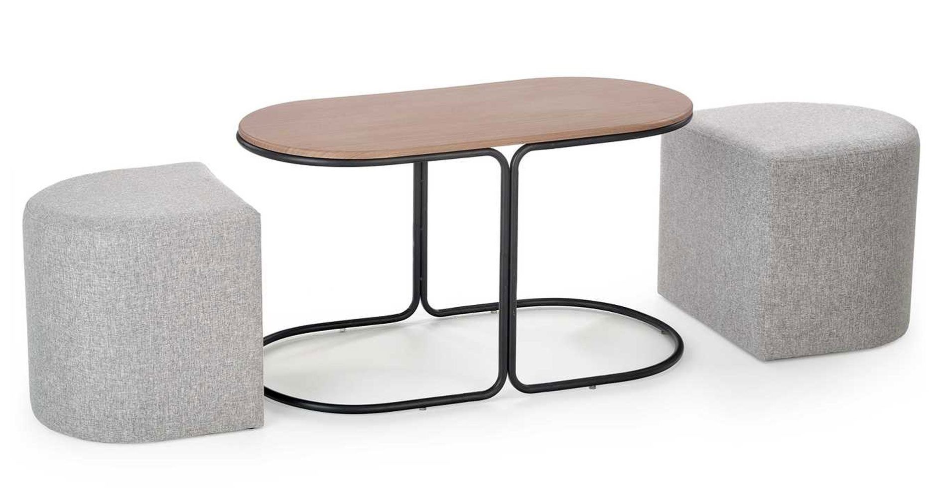 Feldmann-Wohnen Couchtisch Pampa (ovale Tischplatte 88x43 cm, 1-St., moderner Optik, mit abgerundeten Ecken, Gestell aus Metall), 88x43x49cm Nussbaum / schwarz / aschgrau mit 2 Hocker