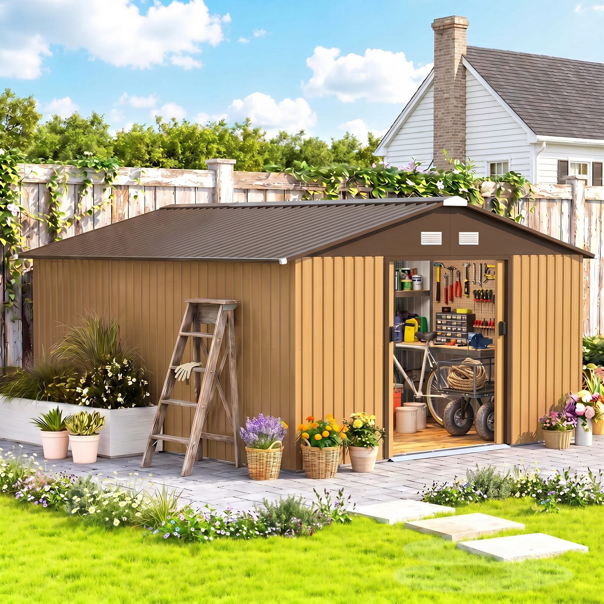 Outsunny Gerätehaus Gartenhaus mit Schiebetür, Fundament, Geräteschuppen, BxT: 340x386 cm, (Gartenhaus, 1 St., Geräteschuppen aus Verzinkter Stahl), wetterfest, für Garten, Gelb