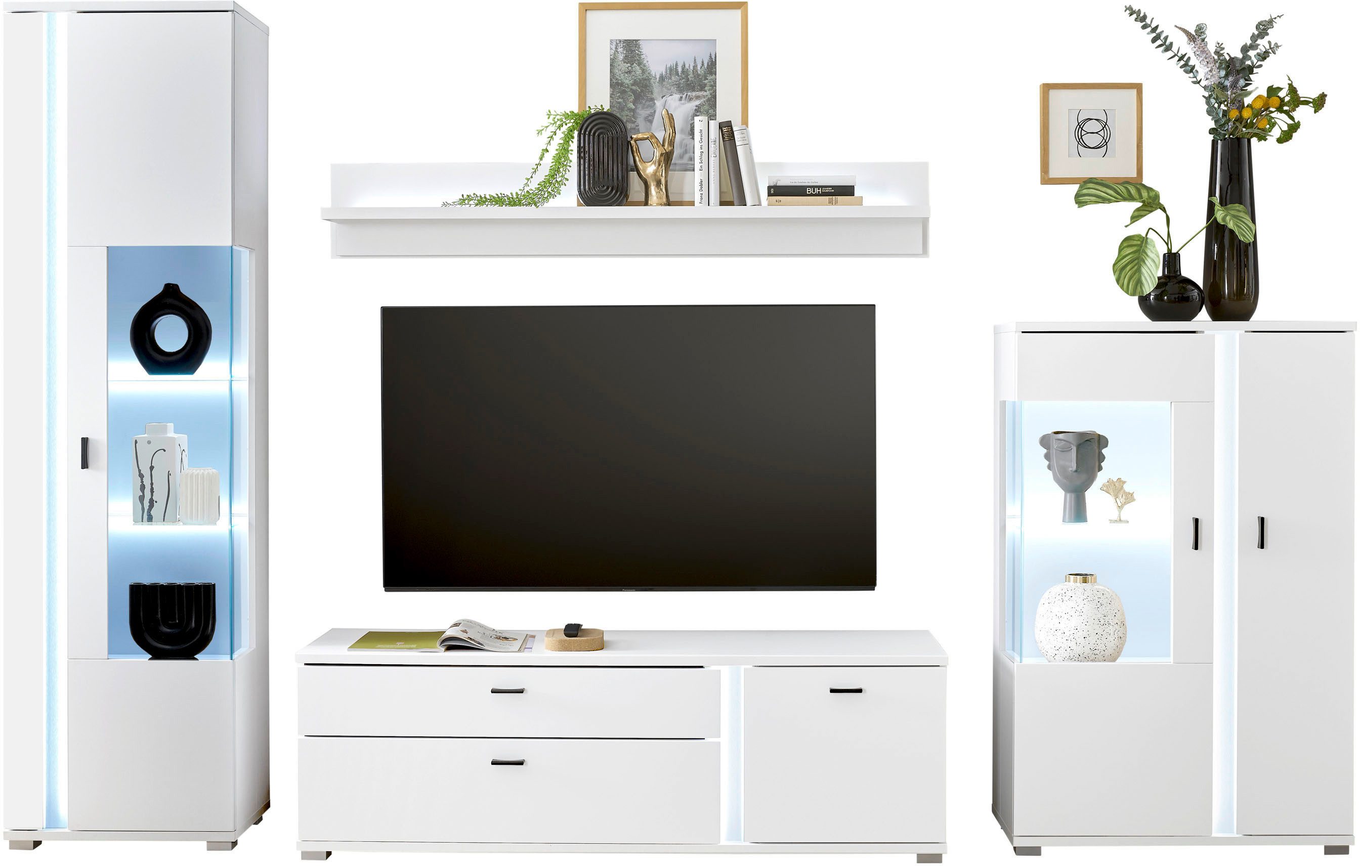 Home affaire Wohnwand LONG ISLAND, (Set, 4-St), in moderner Trendfarbe,inklusive senkrechter Beleuchtung,Breite 305 cm