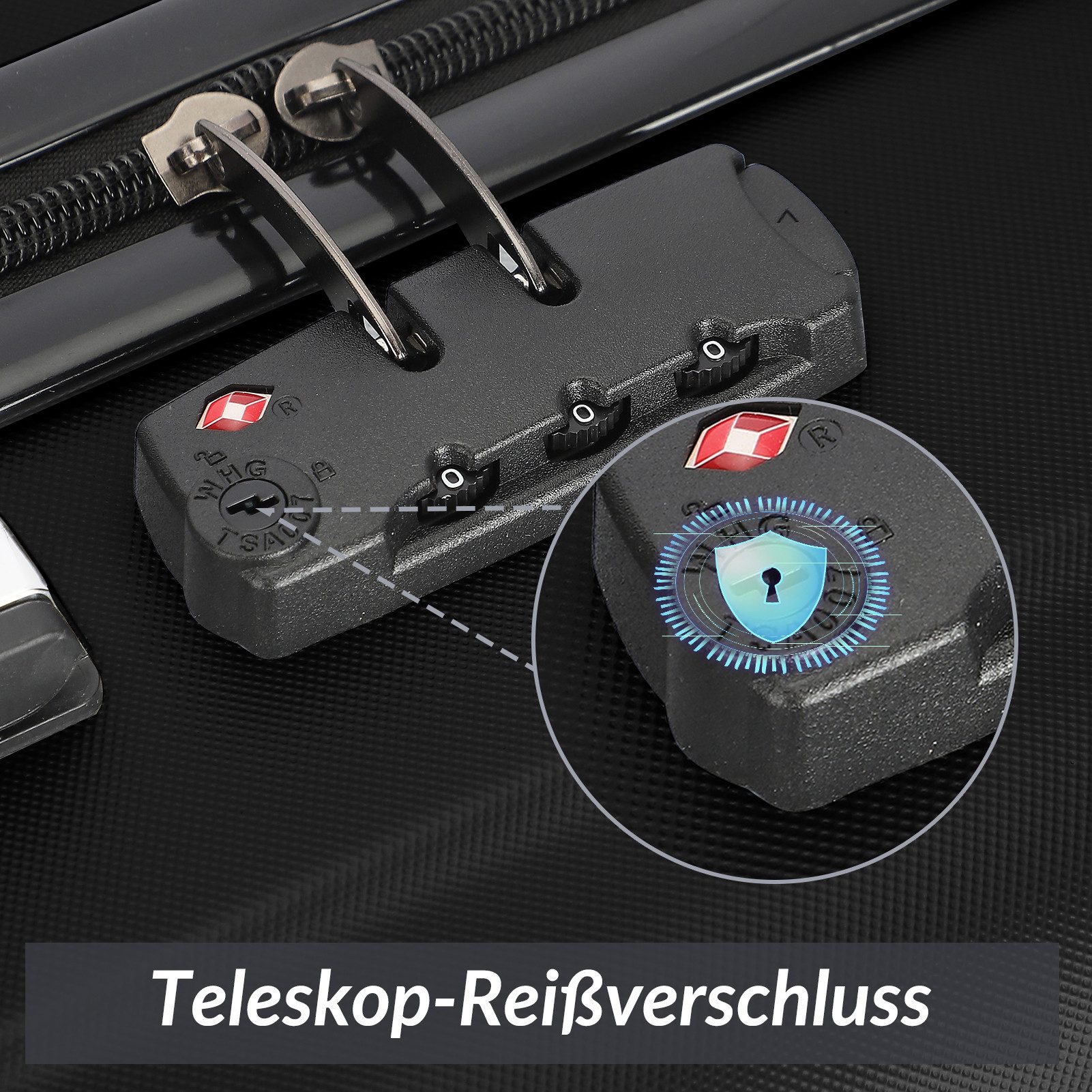 Henunem Kofferset Trolleyset Reisekoffer ABS Hartschalenkoffer mit Zahlenschloss, Hartschalen Rollkoffer,3 tlg,4 Rollen,ABS-Material, Schwarz-D – Bild 3 von 5