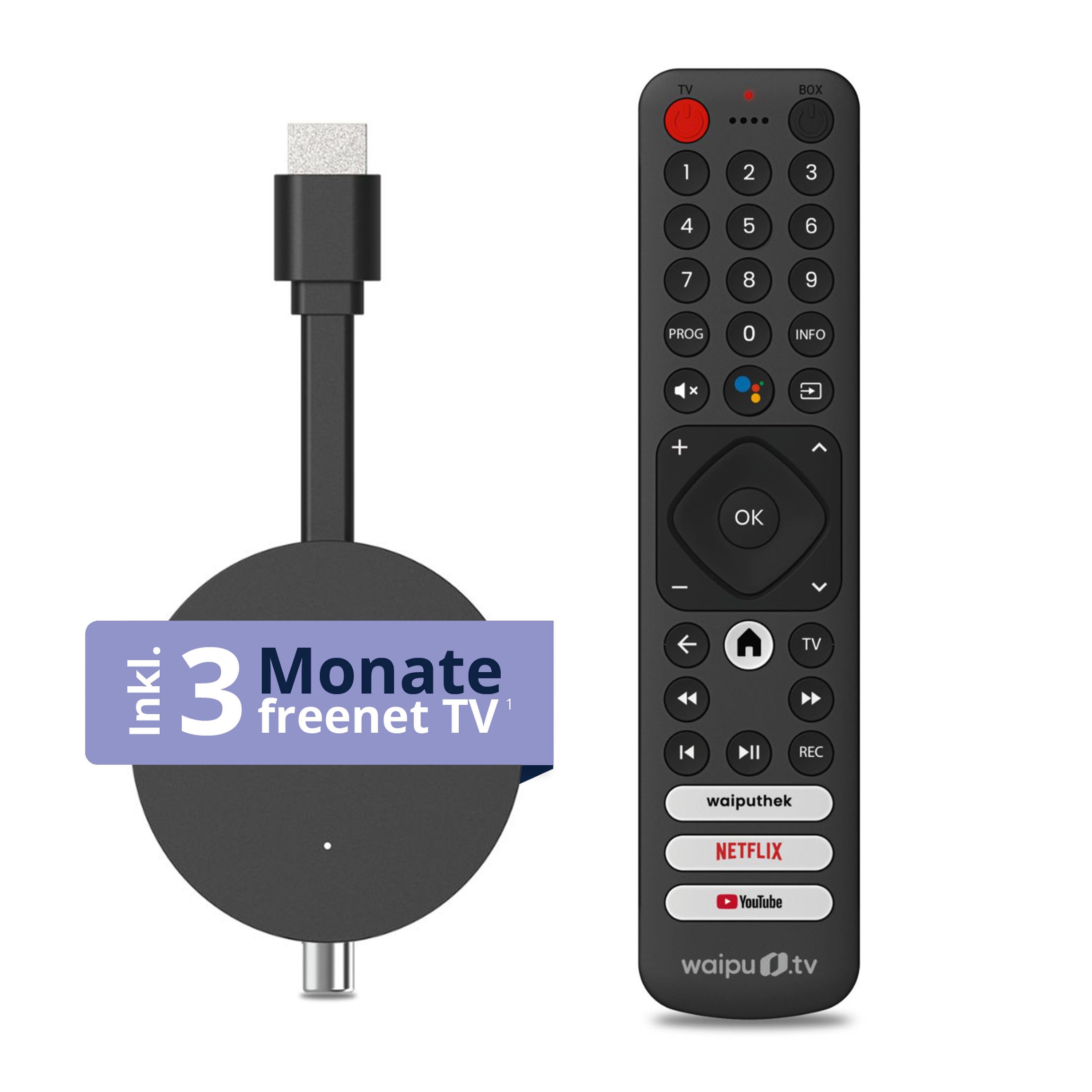 freenet TV Streaming-Stick Hybrid 3in1, DVB-C/T2 und Android TV, Inkl. 3 Monate freenet TV, 4K UHD, Chromecast