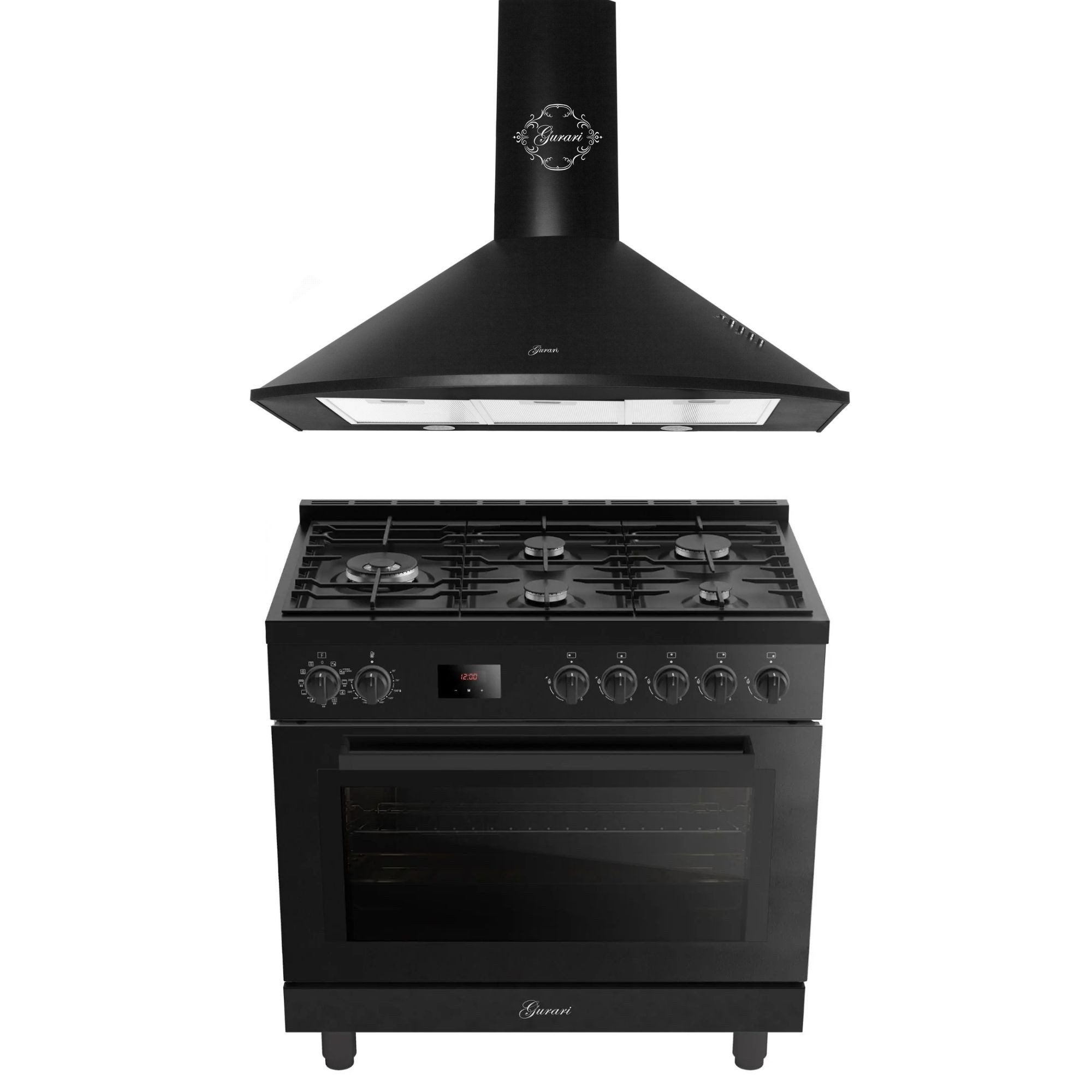 GURARI Gasherd-Set 126 L XXL Backofen, Air Fry Funktion, elektrischer Drehspieß, Hydro Clean, katalytische Selbstreinigung, 4,0 kW Dreikreis WOK Brenner, Erdgas und Flüssiggas, 1000 m³/h Dunstabzugshaube GCH E 818 BL+GCH C 046 BL 9 N ., mit 1-fach-Teleskopauszug, Hydro Clean, Katalytische Selbstreinigung, Küchen Set Gasherd mit Dunstabzugshaube 90 cm Schwarz